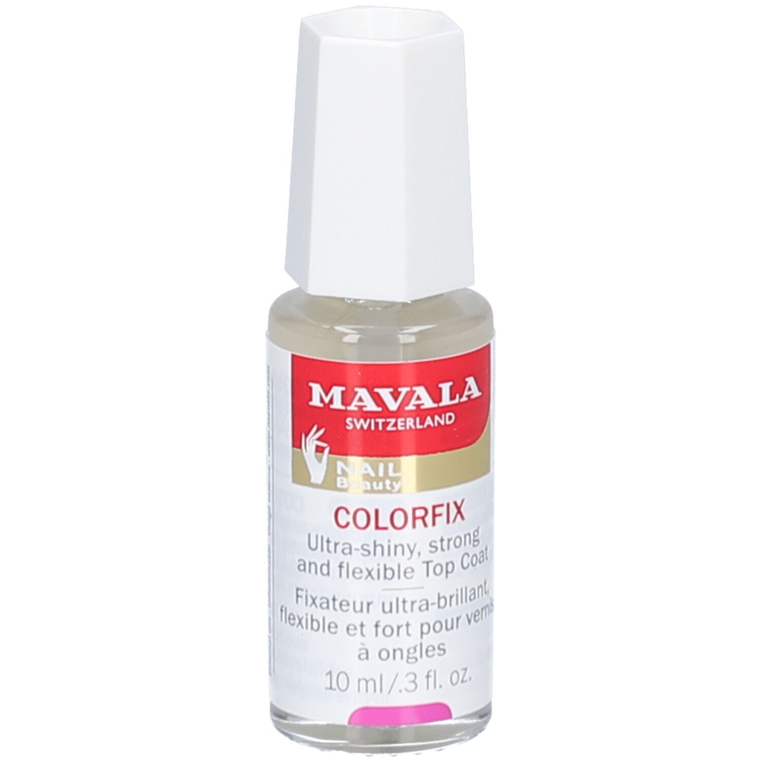 Mavala Colorfix nagellak. Fles met witte dop. Tekst: Ultra-glanzend, sterk en flexibel. 10 ml/3 fl. oz.