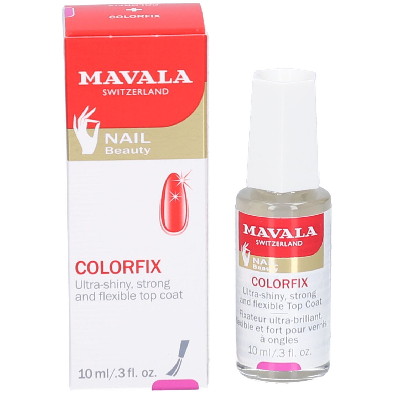 Mavala Colorfix nagellak en verpakking. Fles en doos. Tekst: Ultra-glanzend, sterk en flexibel. 10 ml/3 fl. oz.