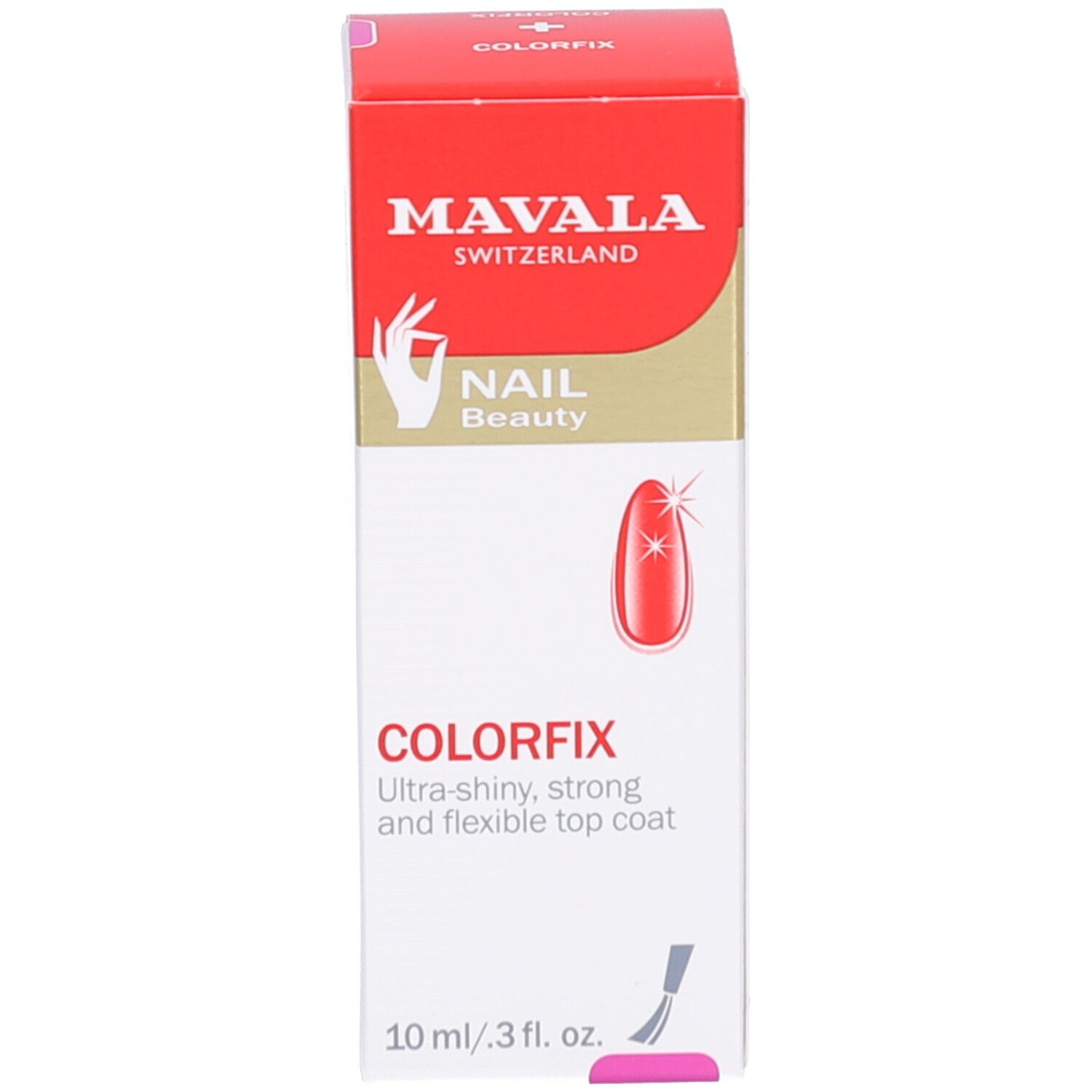 Mavala Colorfix verpakking. Rode doos. Tekst: Ultra-glanzend, sterk en flexibel. 10 ml/3 fl. oz.