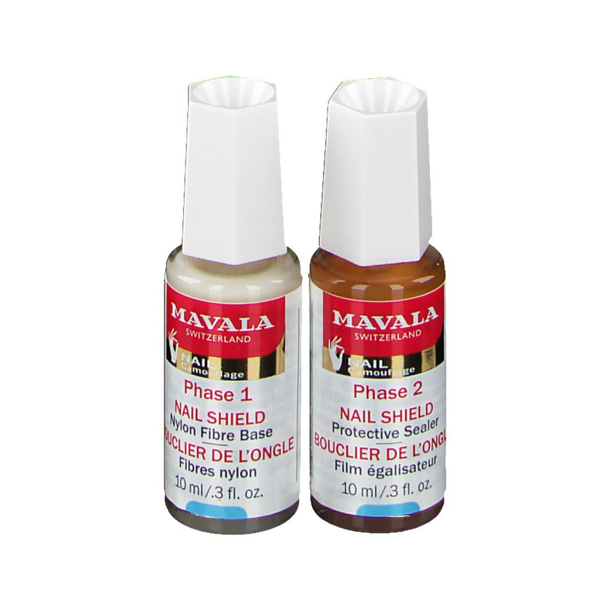 Twee flesjes Mavala Nail Shield. Fase 1: Nylonvezelbasis. Fase 2: Beschermende sealer. Witte en bruine vloeistoffen.