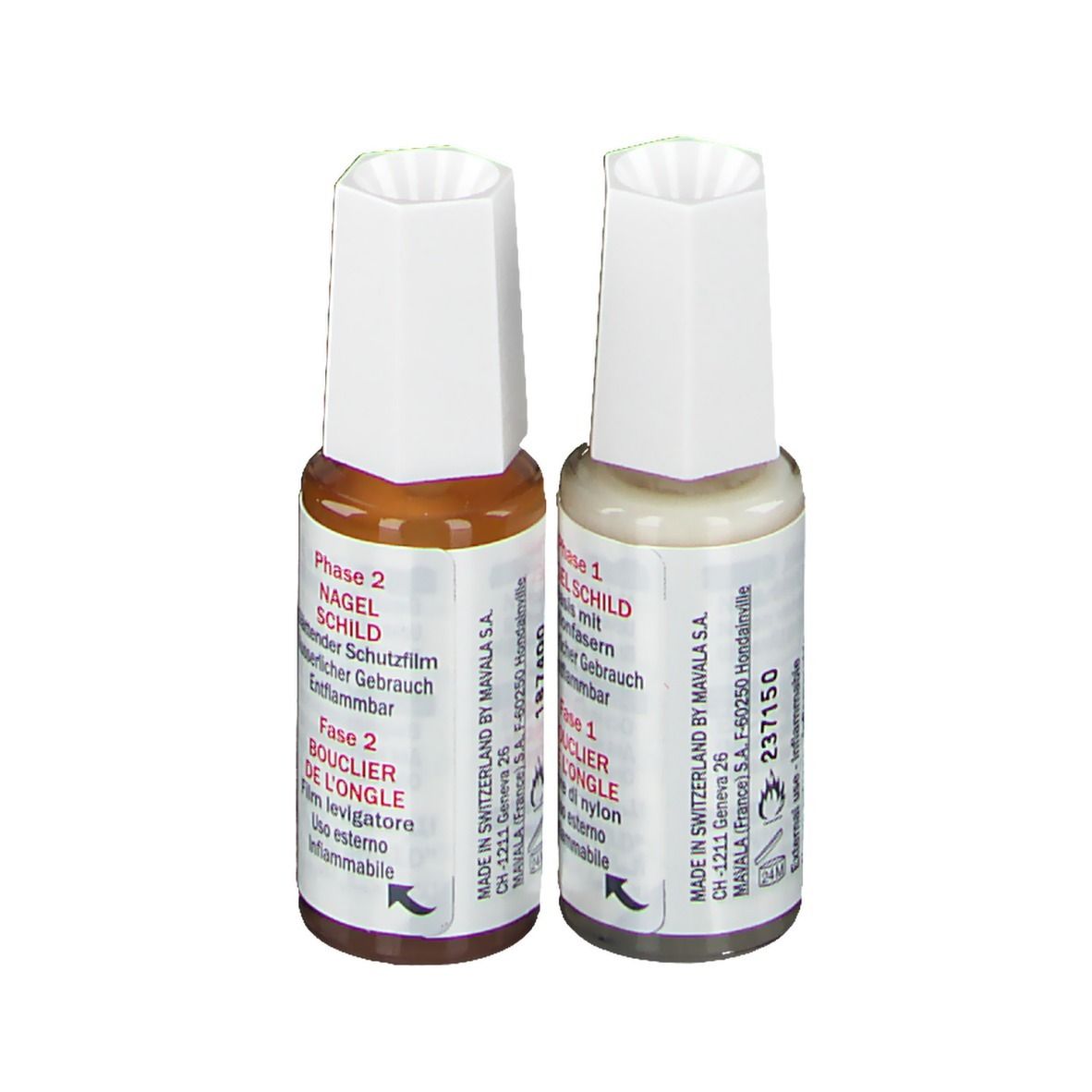 Twee flesjes Mavala Nail Shield. Fase 2: Beschermende sealer. Bruine vloeistof. Fase 1: Nylonvezelbasis. Witte doppen.