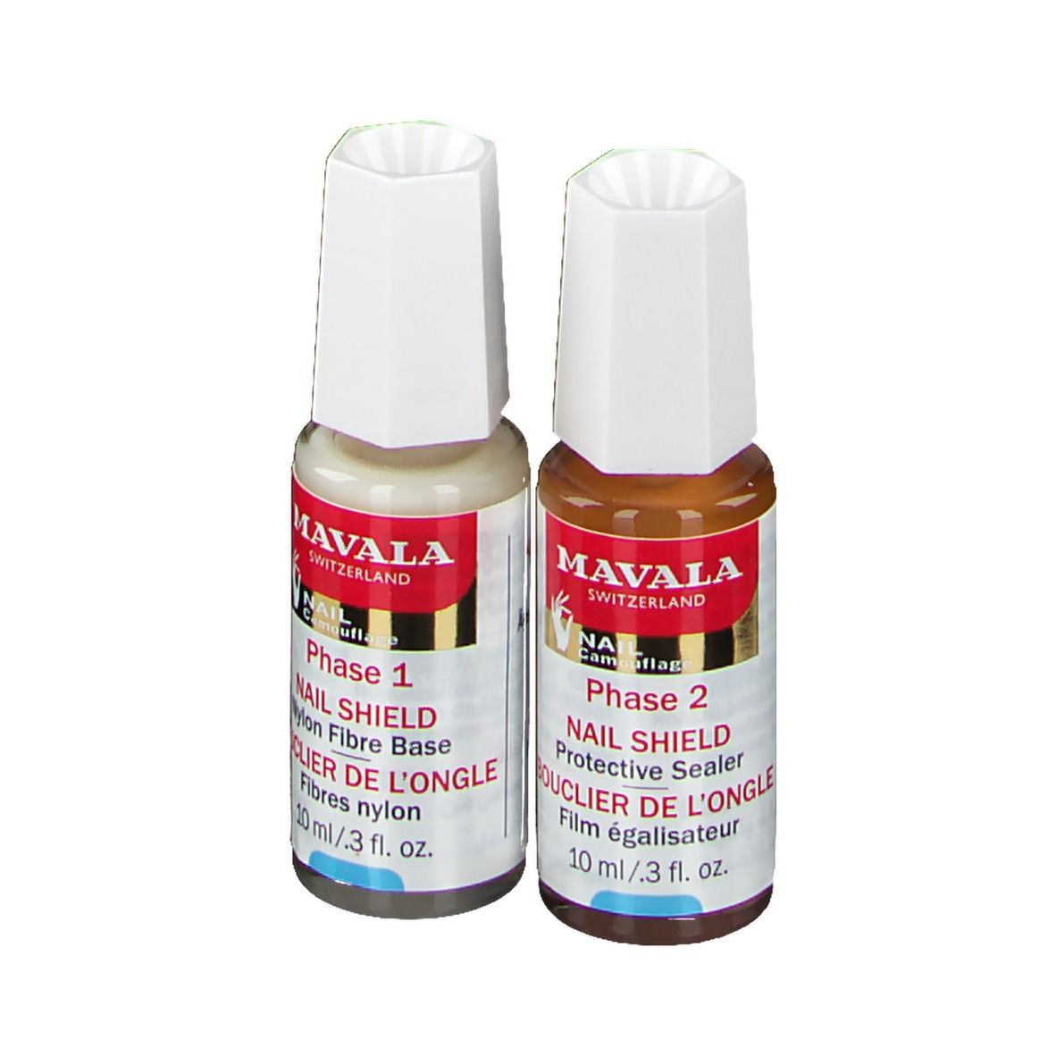 Twee flesjes Mavala Nail Shield. Fase 1: Nylonvezelbasis. Fase 2: Beschermende sealer. Witte en bruine vloeistoffen.
