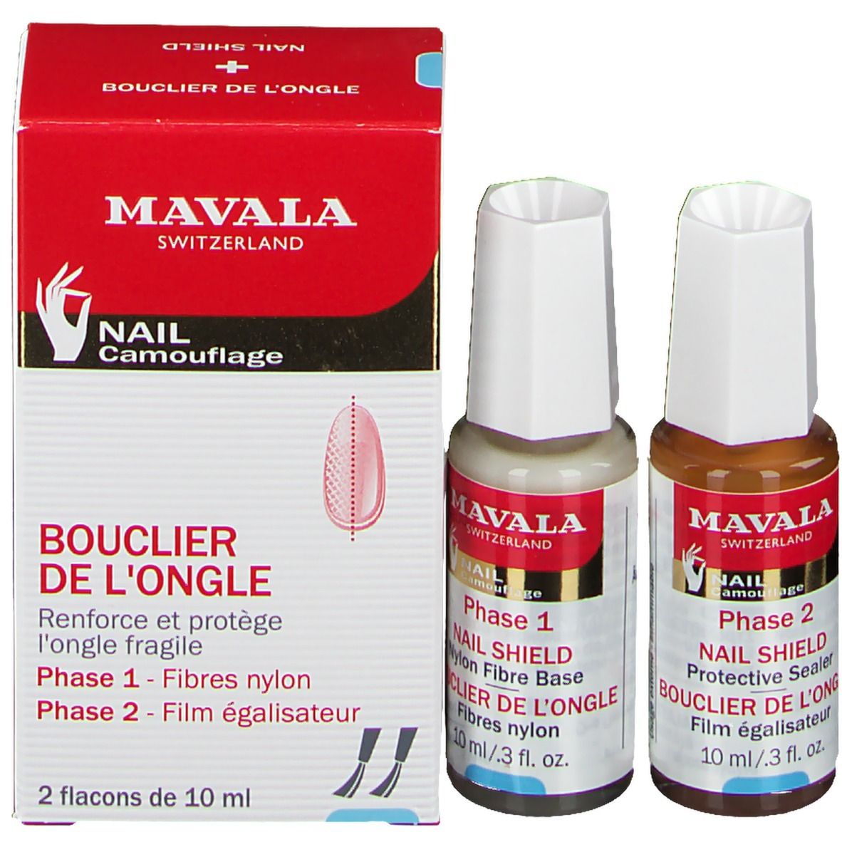 Mavala Nail Shield set met twee flesjes en verpakking. Rode en witte verpakking. Productnamen en details.