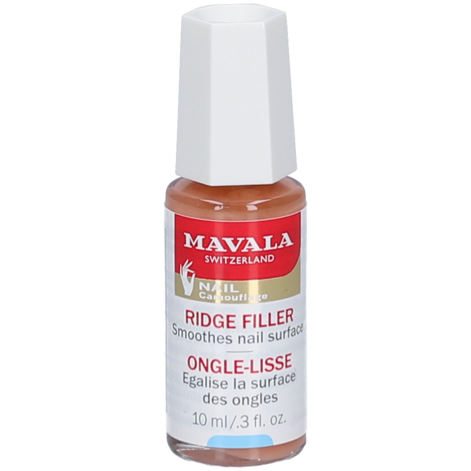 Ongle-Lisse de Mavala. Flacon avec bouchon blanc. Texte: Ridge Filler, lisse la surface de l'ongle. Contenance: 10 ml.