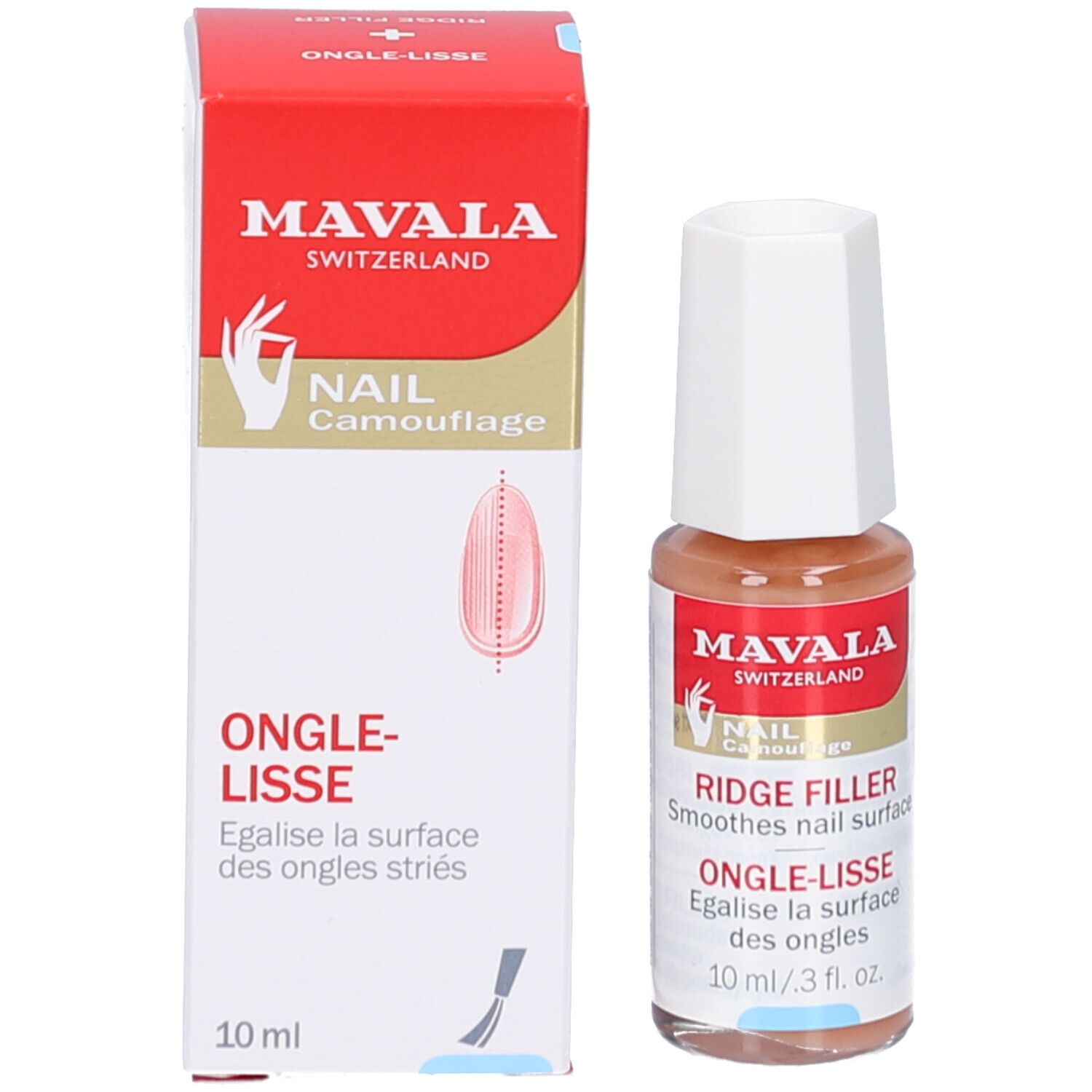 Ongle-Lisse Mavala et emballage. Flacon avec bouchon blanc. Emballage avec image du produit et texte.