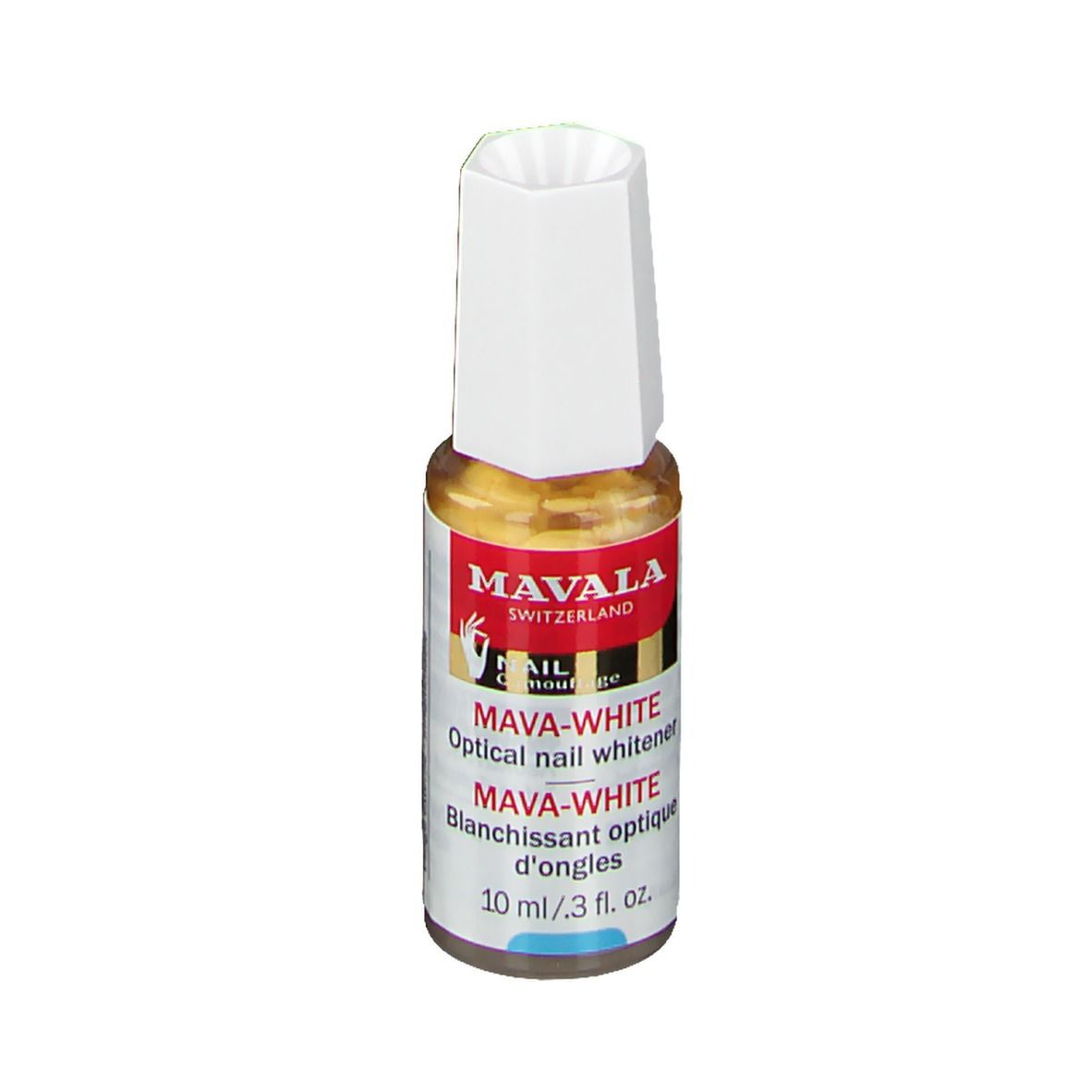 Mavala Mava-Weiß. Optische nagelverhelderaar. Fles met witte dop. Etiket met productnaam en logo.
