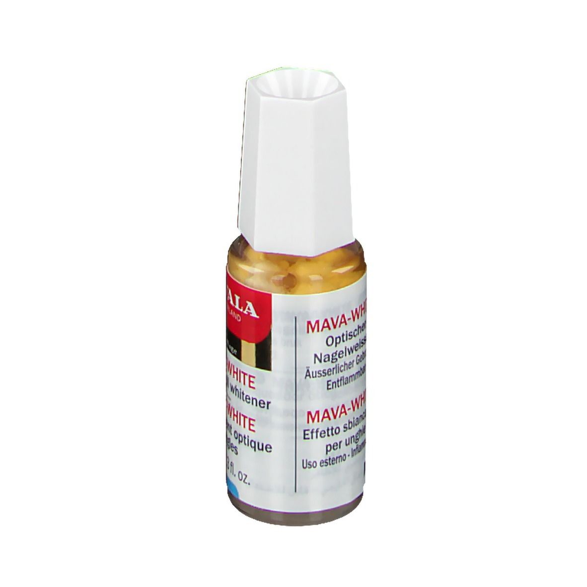 Mavala Mava-Weiß. Optische nagelverhelderaar. Fles met witte dop. Etiket met productnaam en logo.