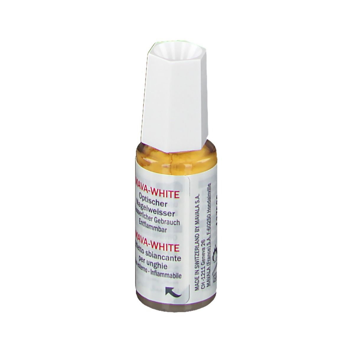 Mavala Mava-Weiß. Optische nagelverhelderaar. Fles met witte dop. Etiket met productnaam en logo.