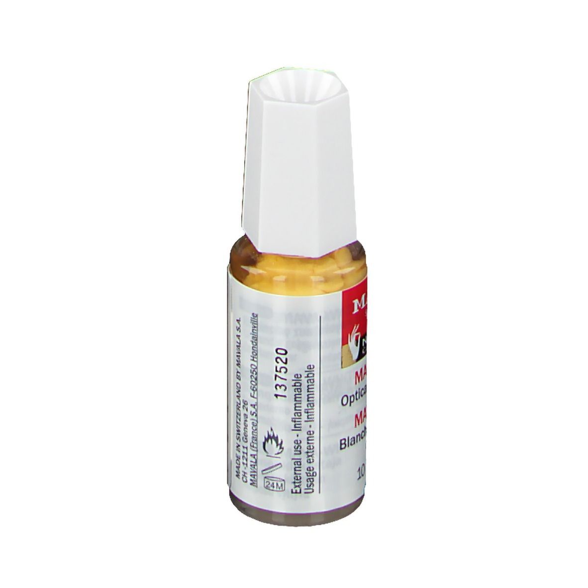 Mavala Mava-Weiß. Optische nagelverhelderaar. Fles met witte dop. Etiket met productnaam en logo.