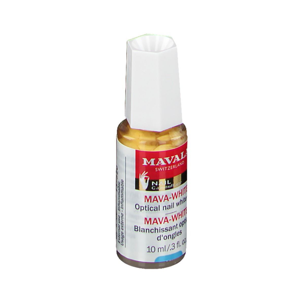 Mavala Mava-Weiß. Optische nagelverhelderaar. Fles met witte dop. Etiket met productnaam en logo.