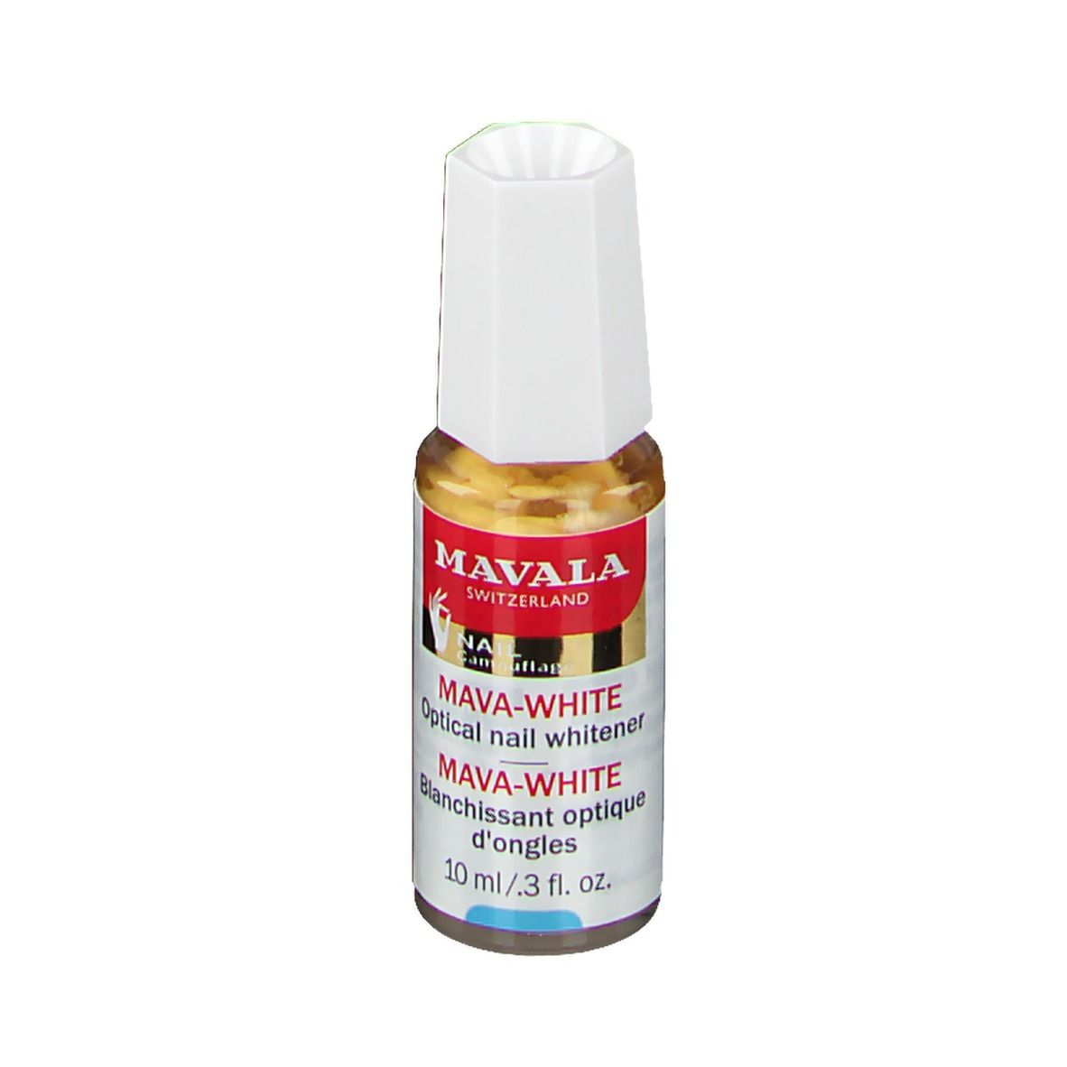 Mavala Mava-Weiß. Optische nagelverhelderaar. Fles met witte dop. Etiket met productnaam en logo.