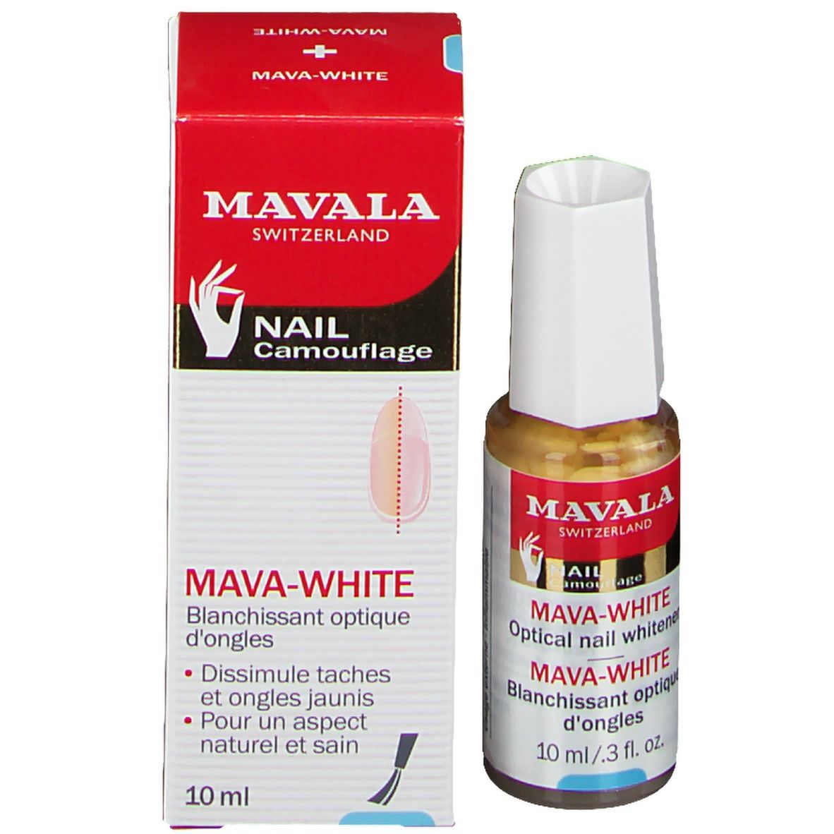 Mavala Mava-Weiß. Nagel camouflage set. Fles en verpakking. Rode verpakking met productnaam en logo.