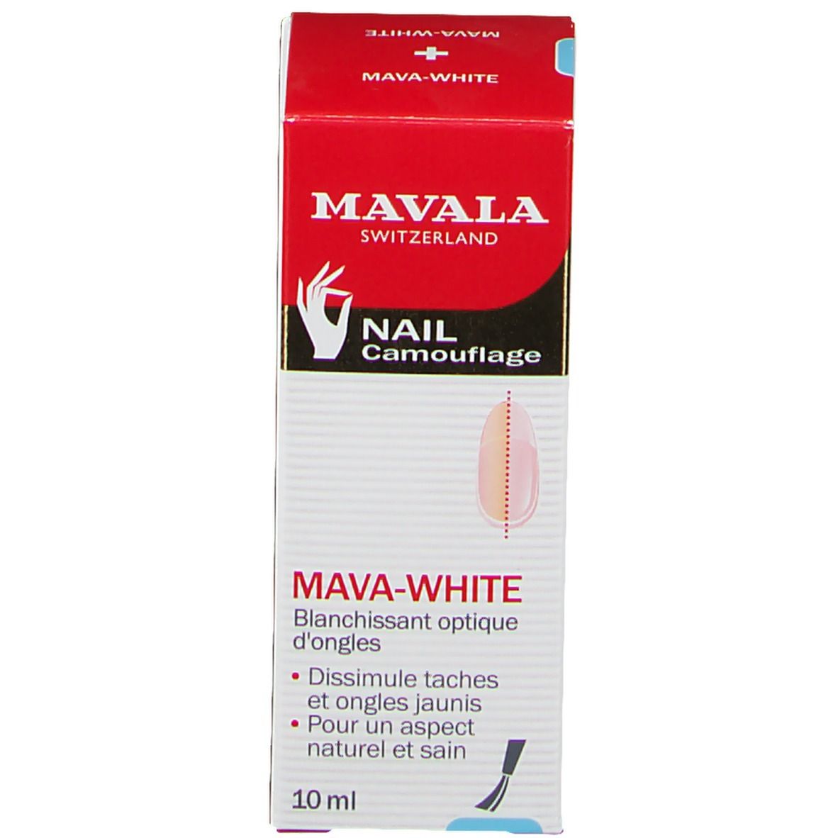 Mavala Mava-Weiß. Nagel camouflage set. Fles en verpakking. Rode verpakking met productnaam en logo.