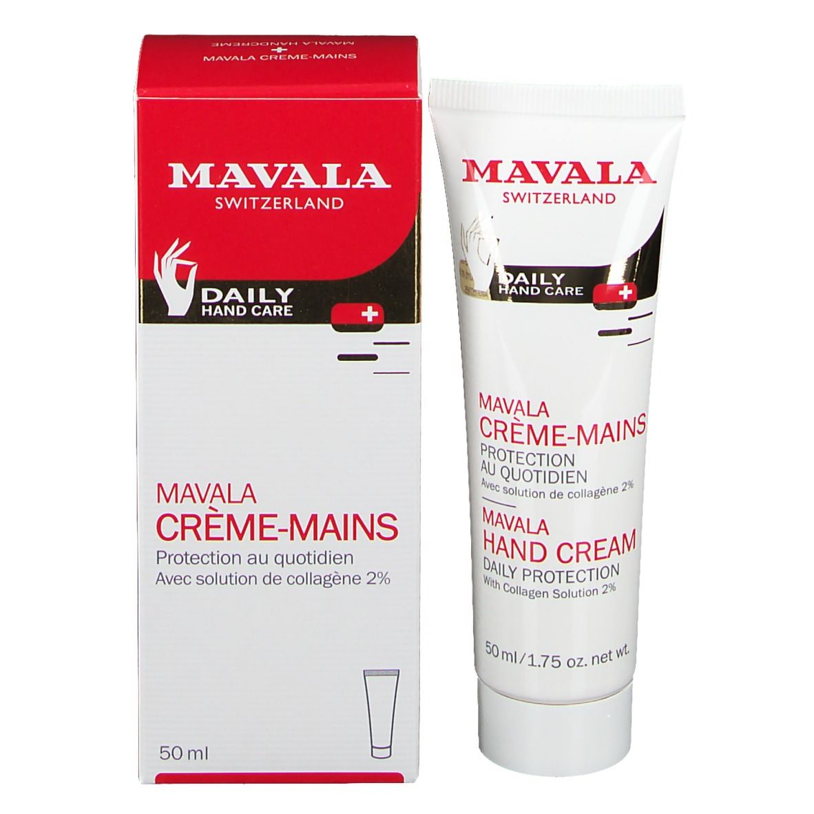 Tube et boîte de crème pour les mains. Marque : Mavala. Texte : Daily Hand Care, Crème-Mains, Hand Cream. Emballage rouge et blanc.