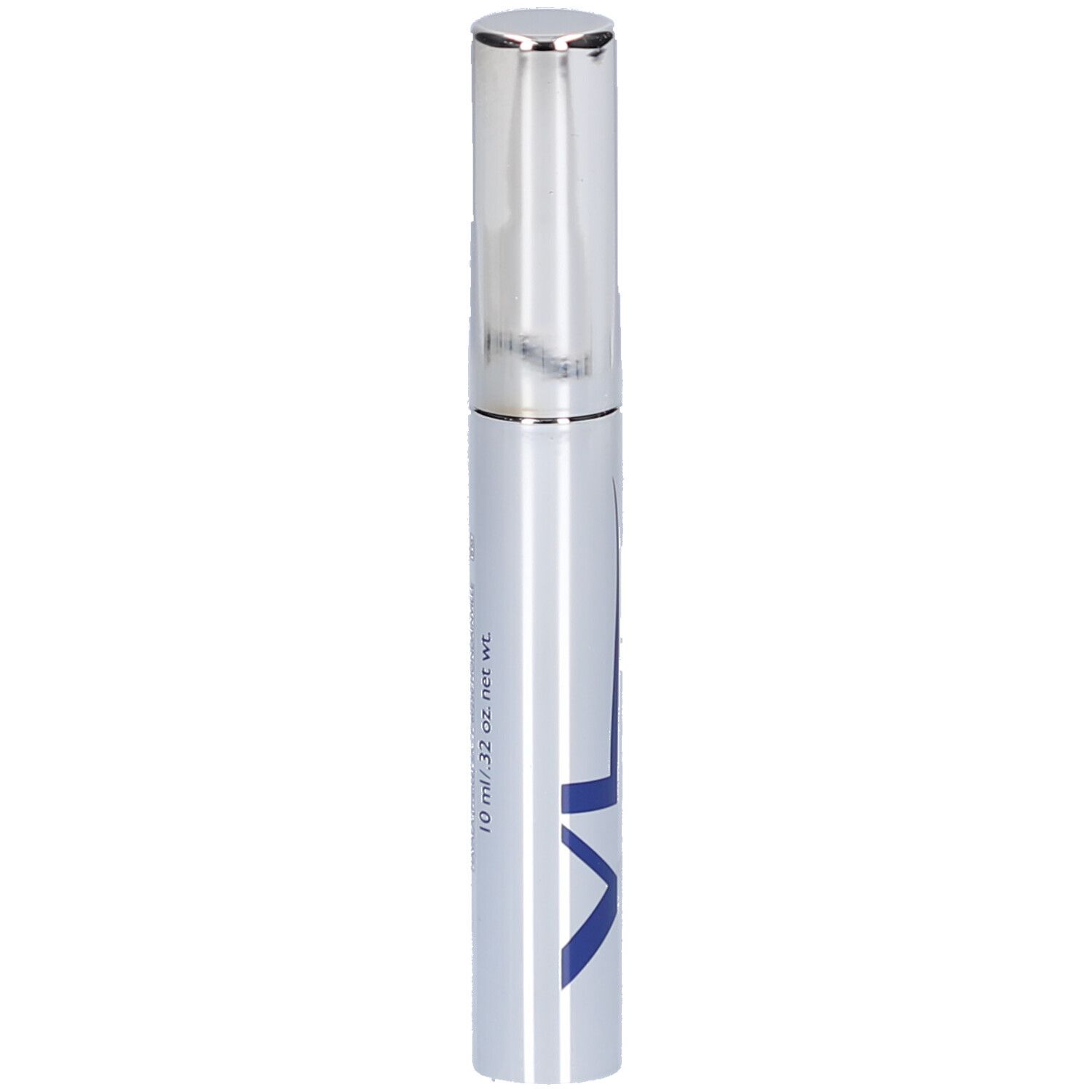 Tube de mascara argenté avec texte bleu. Texte: MASCARA, WATERPROOF, VOLUME & LONGUEUR. Marque: VL. 10 ml.