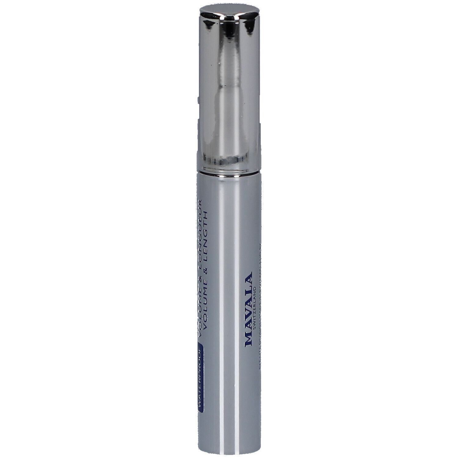 Tube de mascara argenté avec texte bleu. Texte: MAVALA, VOLUME & LONGUEUR. Marque: VL.