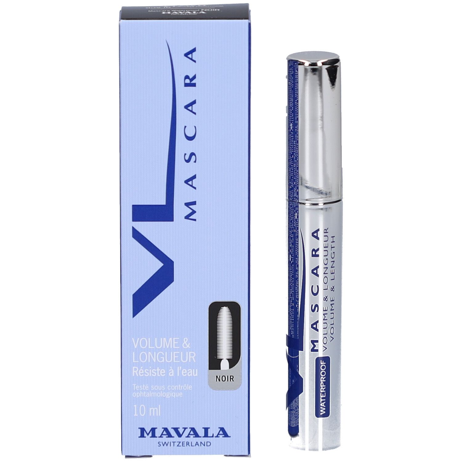 Tube de mascara et emballage. Emballage: bleu, texte: MASCARA, VOLUME & LONGUEUR, Noir. Marque: MAVALA.