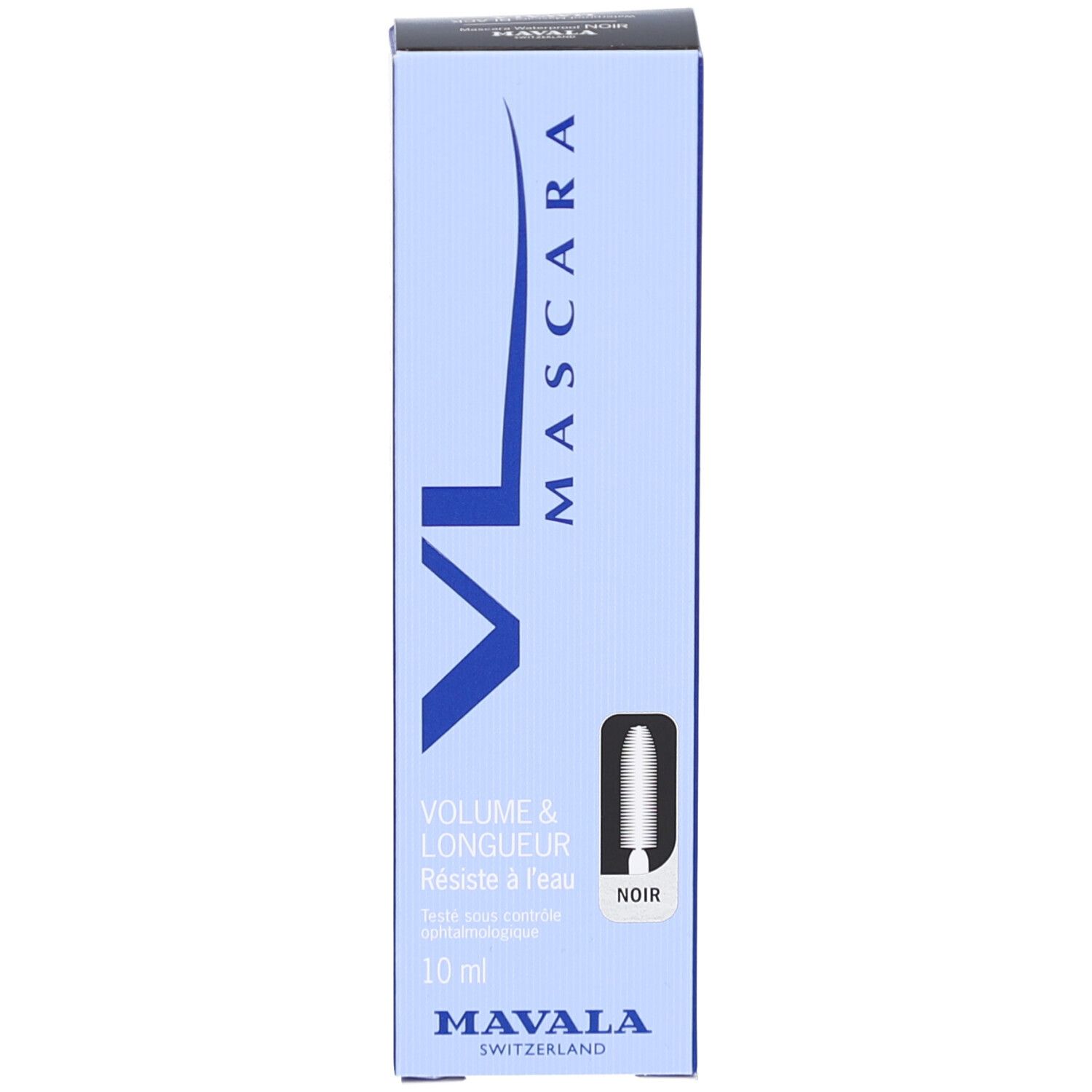 Emballage, bleu, texte: MASCARA, VOLUME & LONGUEUR, Noir. Marque: MAVALA. 10 ml.