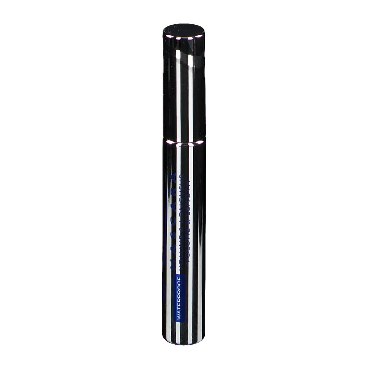 Tube de mascara à capuchon noir et rayures argent et noir. Inscription: WATERPROOF.