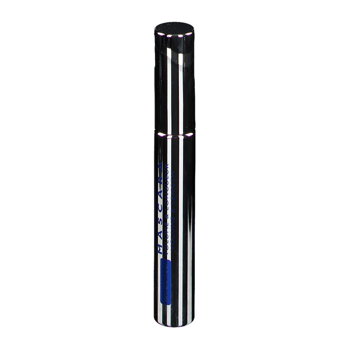 Tube de mascara à capuchon noir et rayures argent et noir. Inscription: MASCARA.