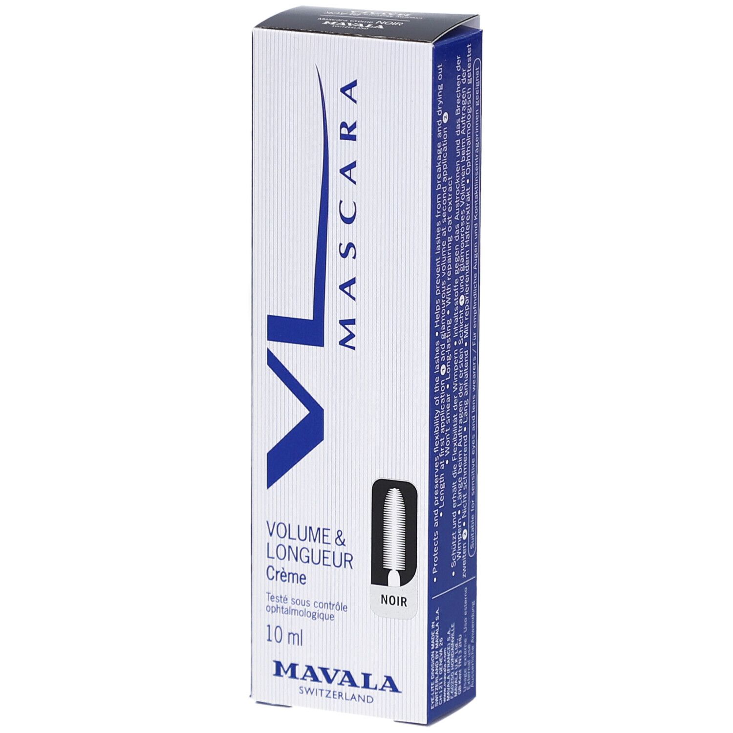 Mascara VL Crème Noir van Mavala. Zwarte mascara in een witte doos met blauwe accenten. Volume & Lengte, 10 ml.