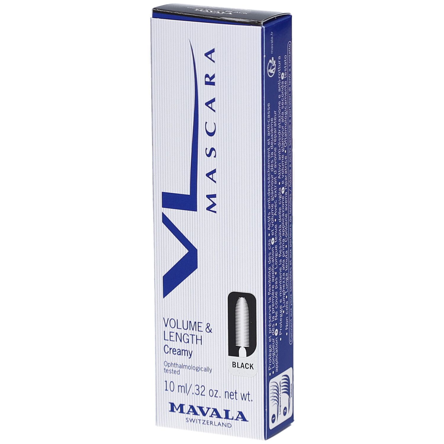Mascara VL Black van Mavala. Zwarte mascara in een witte doos met blauwe accenten. Volume & Lengte, 10 ml.