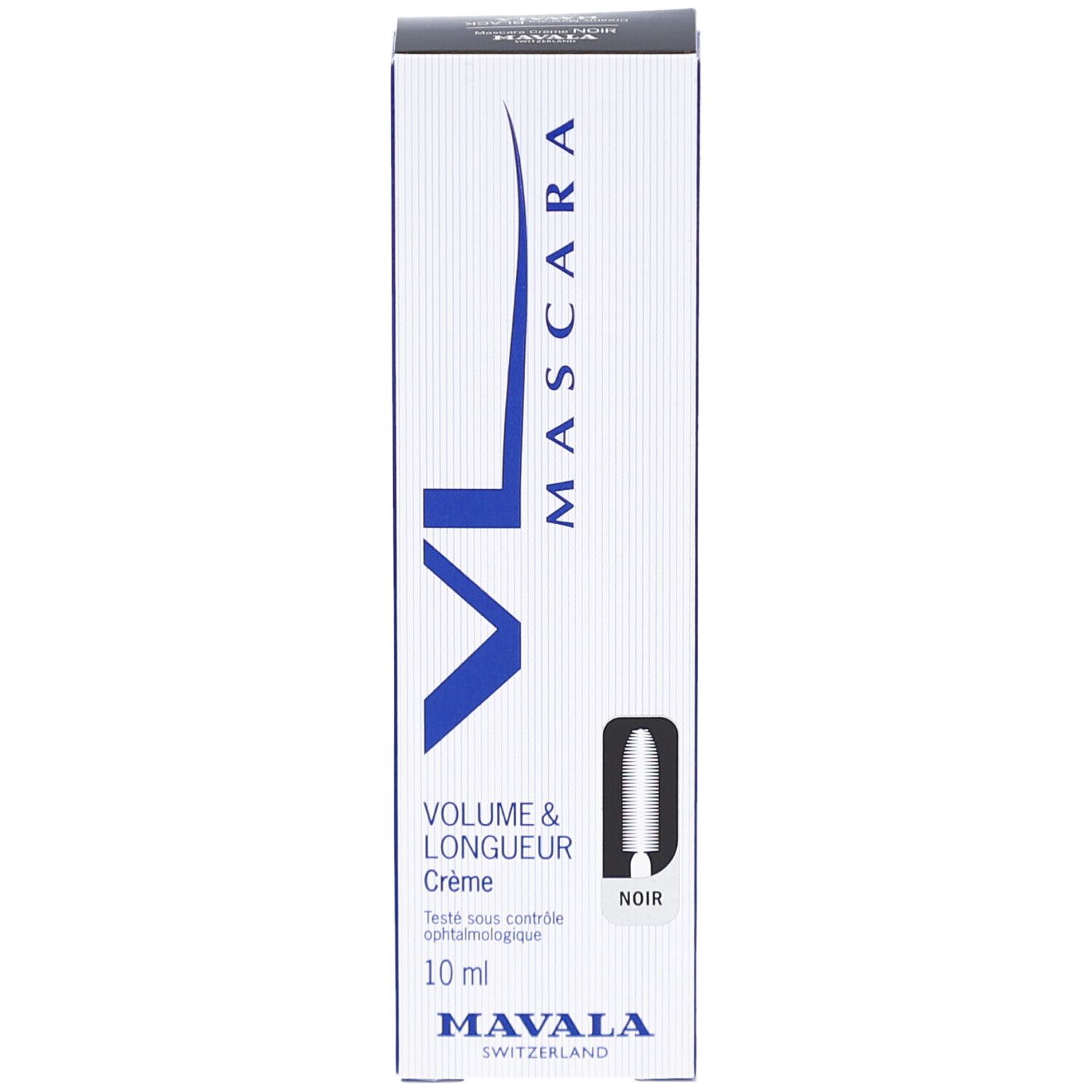 Mascara VL Crème Noir van Mavala. Zwarte mascara in een witte doos met blauwe accenten. Volume & Lengte, 10 ml.