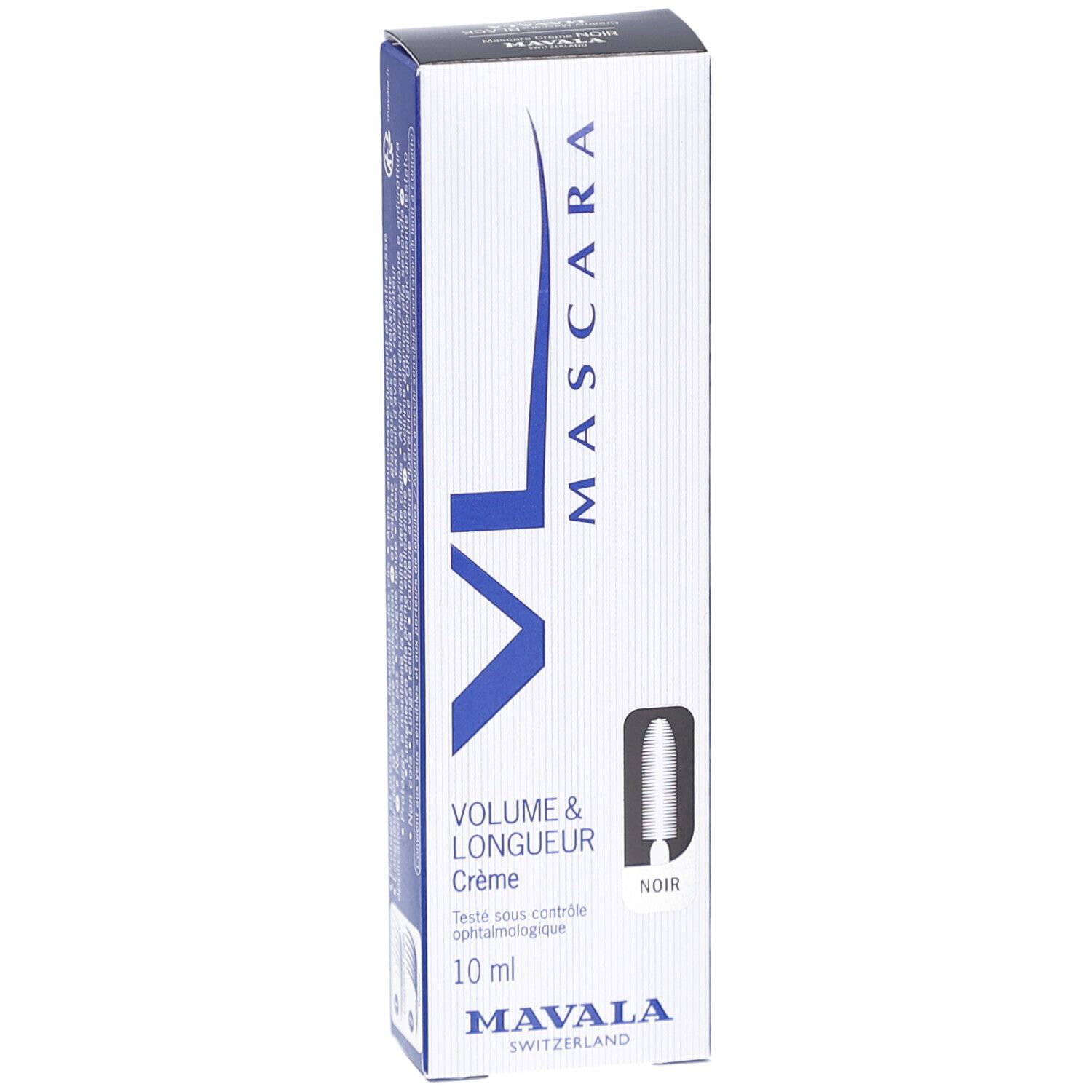 Mascara VL Crème Noir van Mavala. Zwarte mascara in een witte doos met blauwe accenten. Volume & Lengte, 10 ml.
