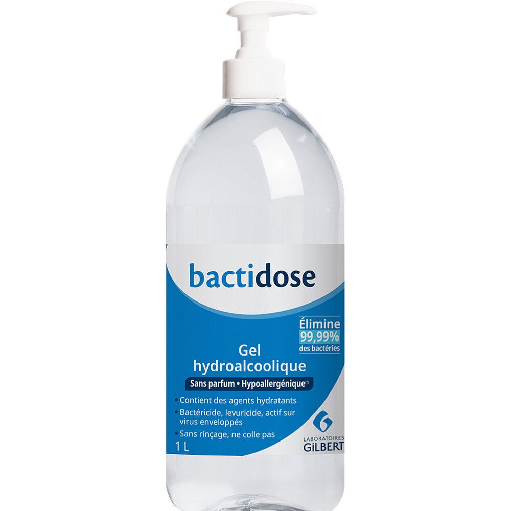 Flacon transparent avec pompe. Étiquette bleue avec nom et description du produit. Contenance 1L.