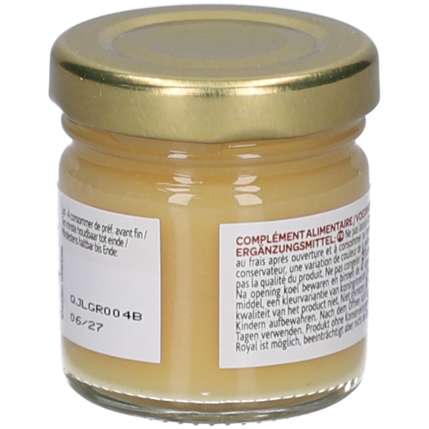 Glazen potje met gouden deksel. Bevat een gelige vloeistof. Opschrift: Arkoroyal, 100% Koninginnengelei.