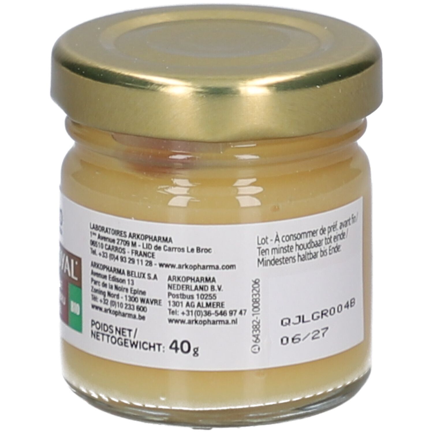 Glazen potje met gouden deksel. Bevat een gelige vloeistof. Opschrift: Arkoroyal, 100% Koninginnengelei.