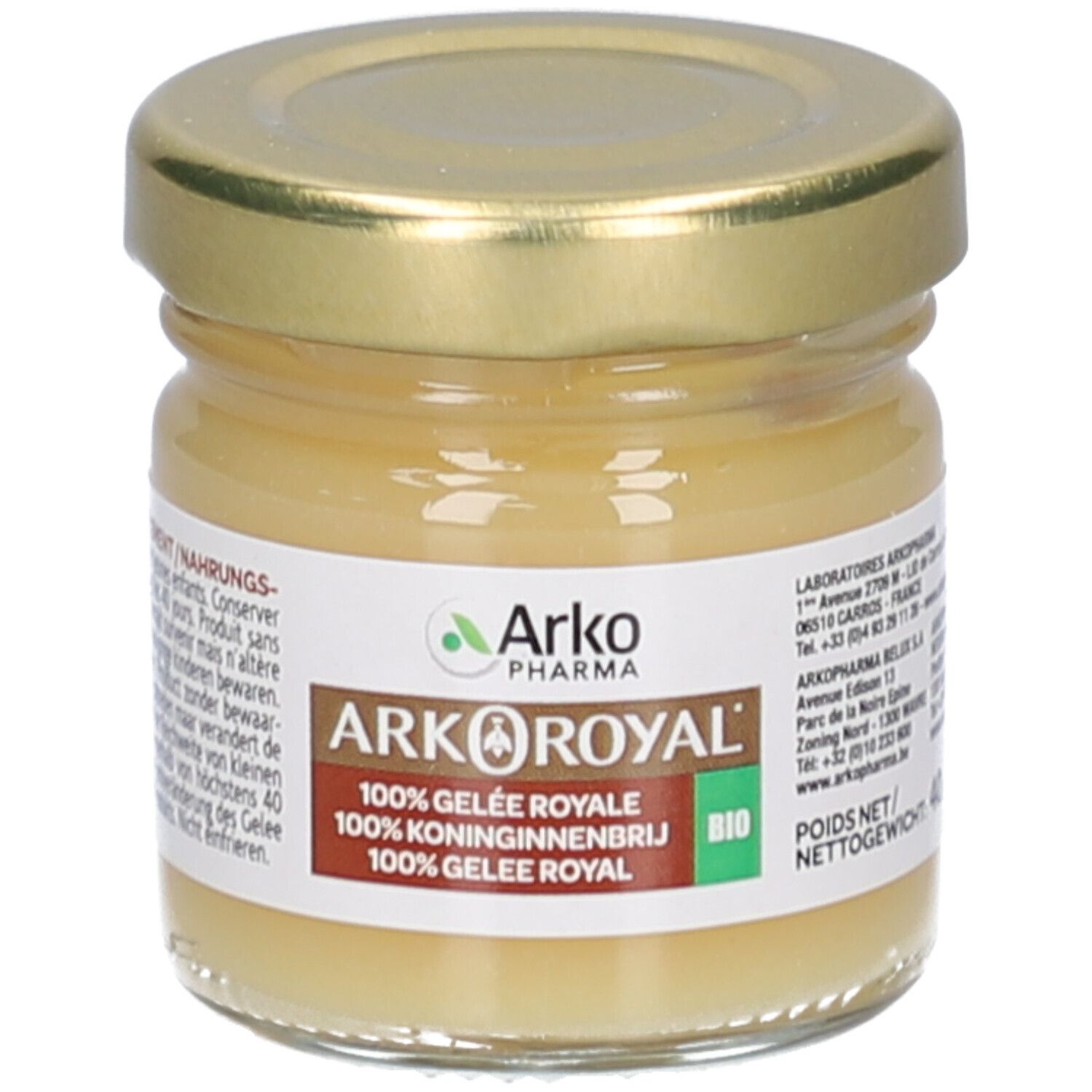 Glazen potje met gouden deksel. Bevat een gelige vloeistof. Opschrift: Arkoroyal, 100% Koninginnengelei.