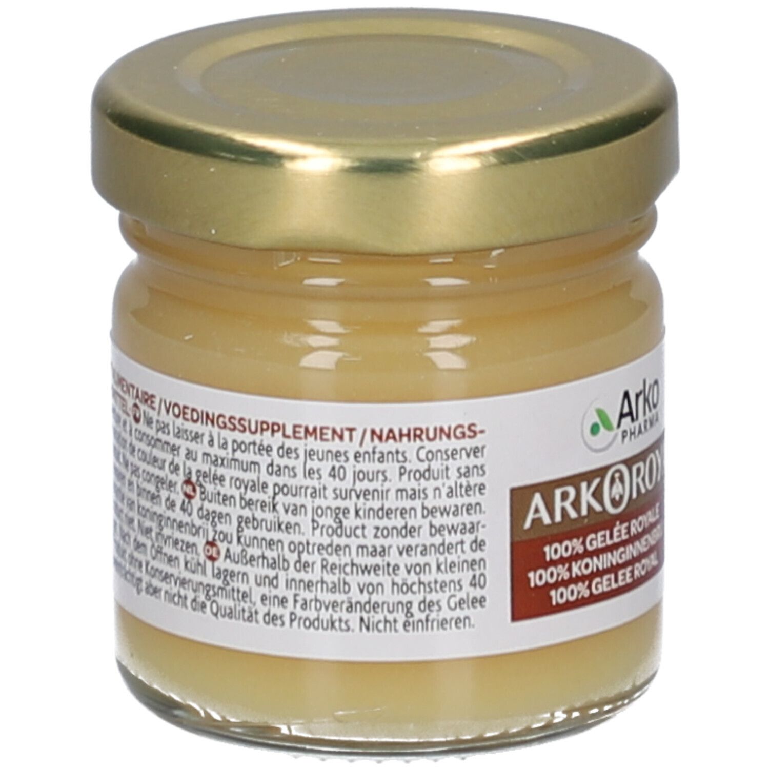 Glazen potje met gouden deksel. Bevat een gelige vloeistof. Opschrift: Arkoroyal, 100% Koninginnengelei.