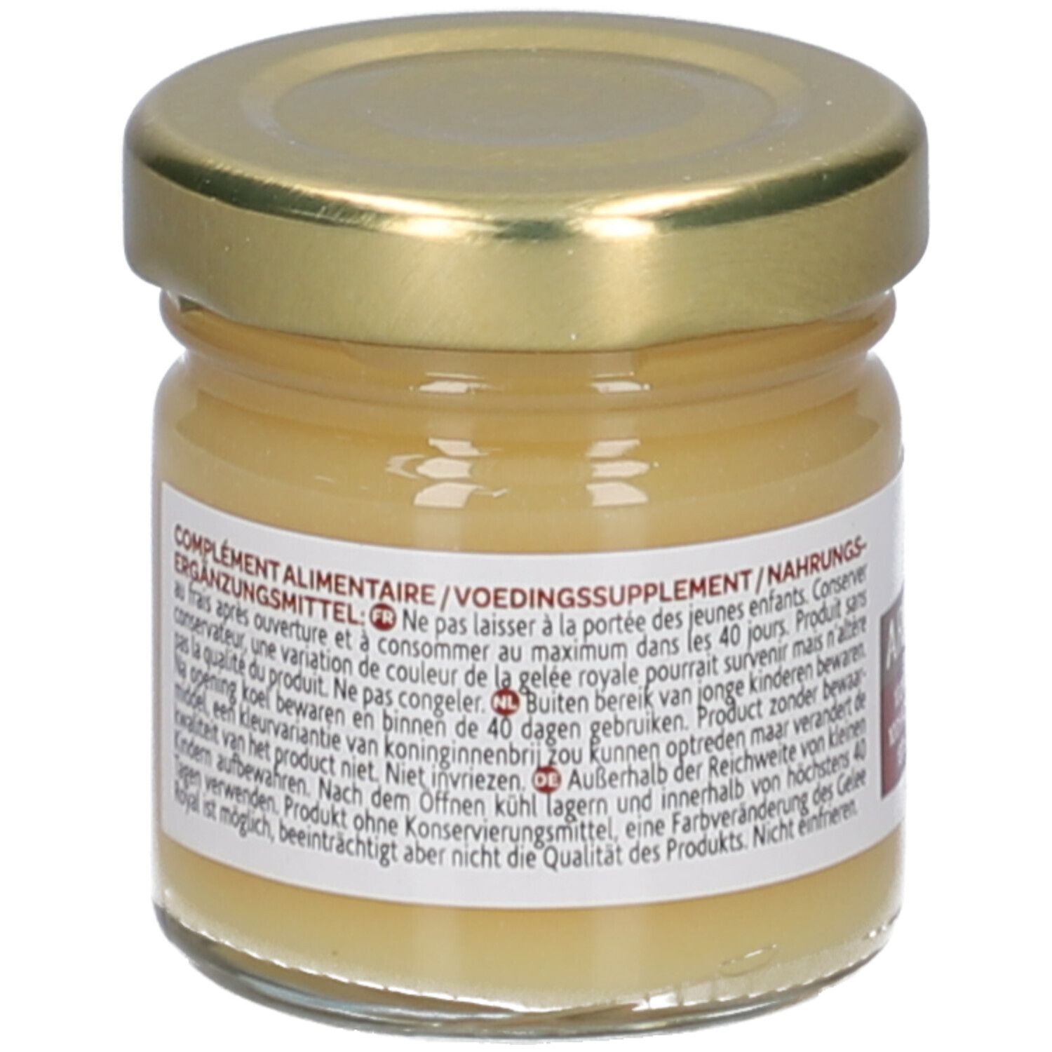 Glazen potje met gouden deksel. Bevat een gelige vloeistof. Opschrift: Arkoroyal, 100% Koninginnengelei.