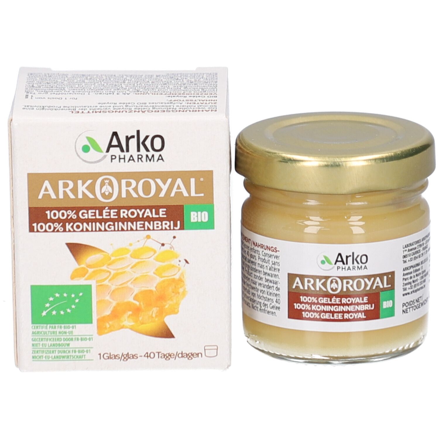 Verpakking en potje. Opschrift: Arkoroyal, 100% Koninginnengelei. Bio-label. 1 potje/40 dagen.