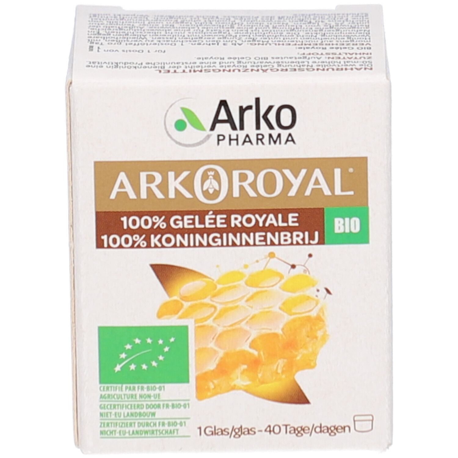 Kartonnen verpakking. Opschrift: Arkoroyal, 100% Koninginnengelei Bio. Bio-label. 1 potje/40 dagen.