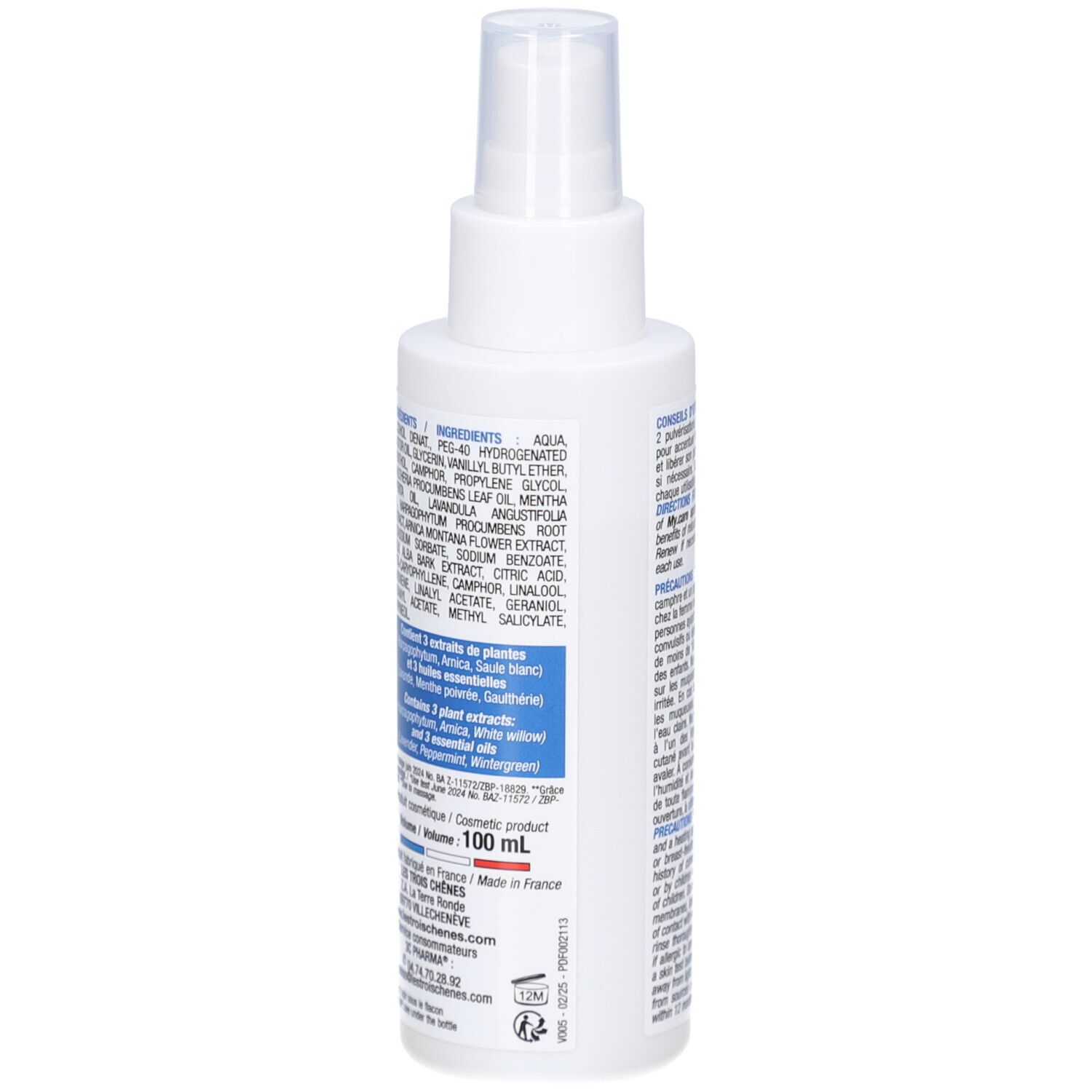 Dos du flacon spray Myo calm. Liste des ingrédients. Contient Aqua, Alcohol, Propylene glycol, etc. 100 ml.