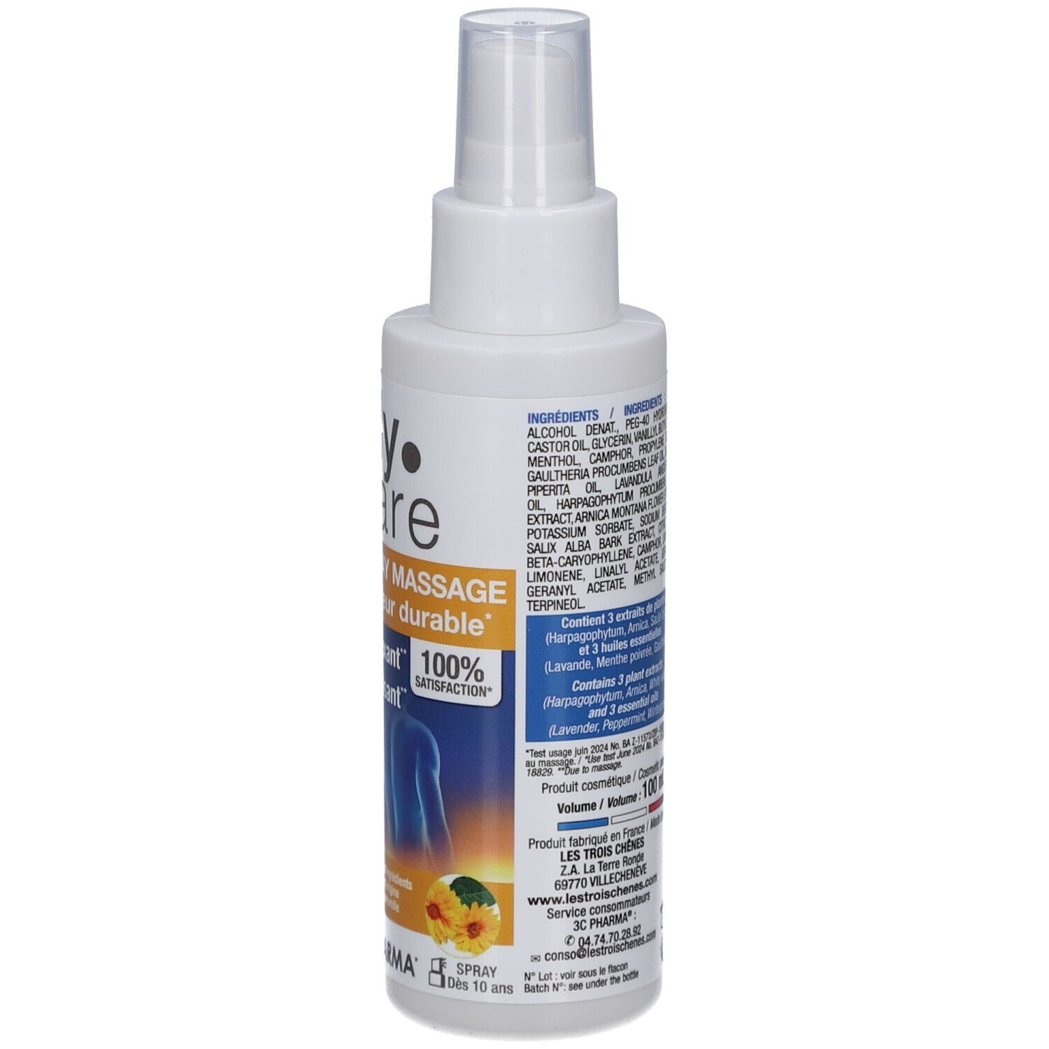 Dos du flacon spray Myo calm. Liste des ingrédients. Contient Alcohol, Glycerin, etc. 100 ml.