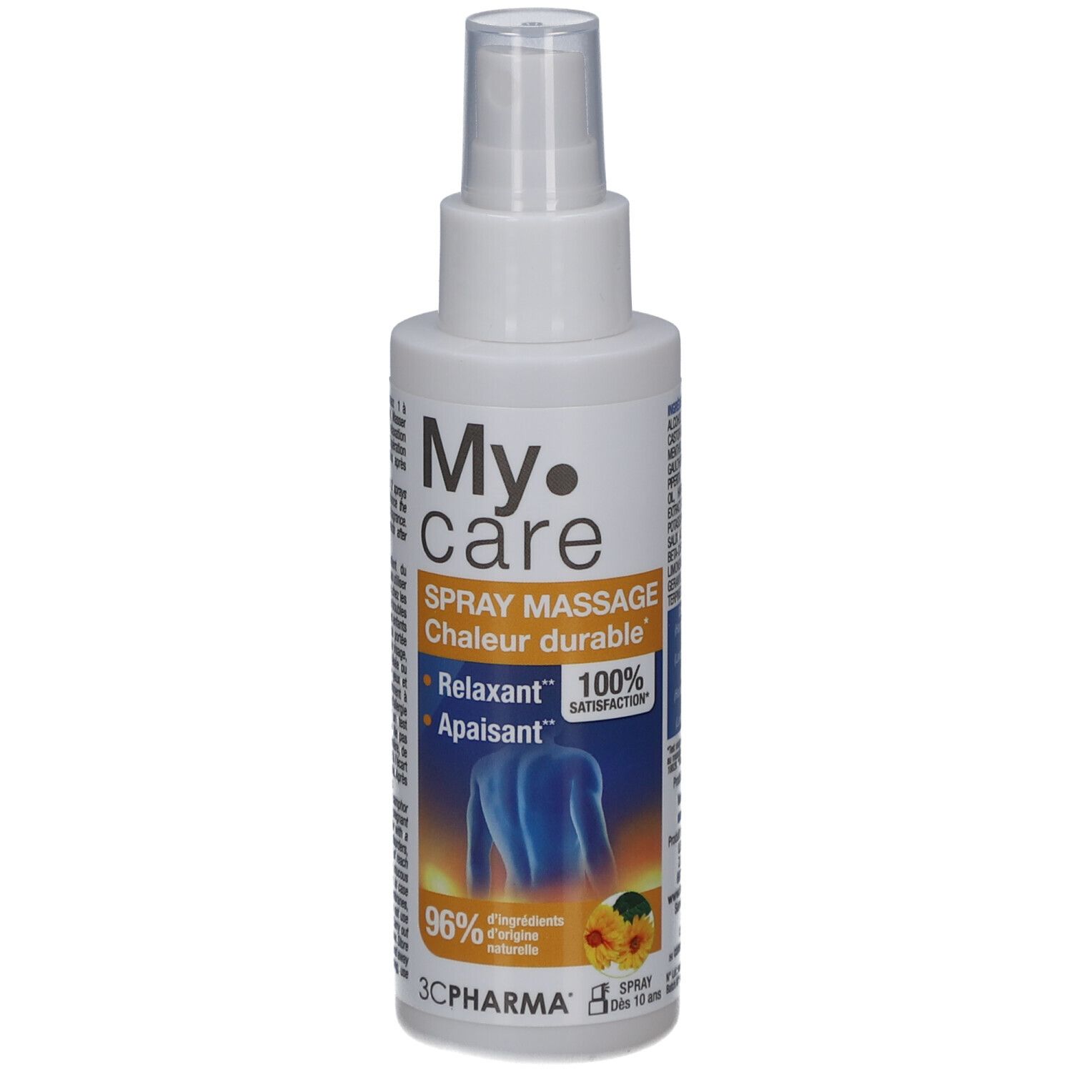 Flacon spray blanc Myo calm. Contractions musculaires. Soulage et relaxe. Contient 4 extraits de plantes et 3 huiles essentielles.