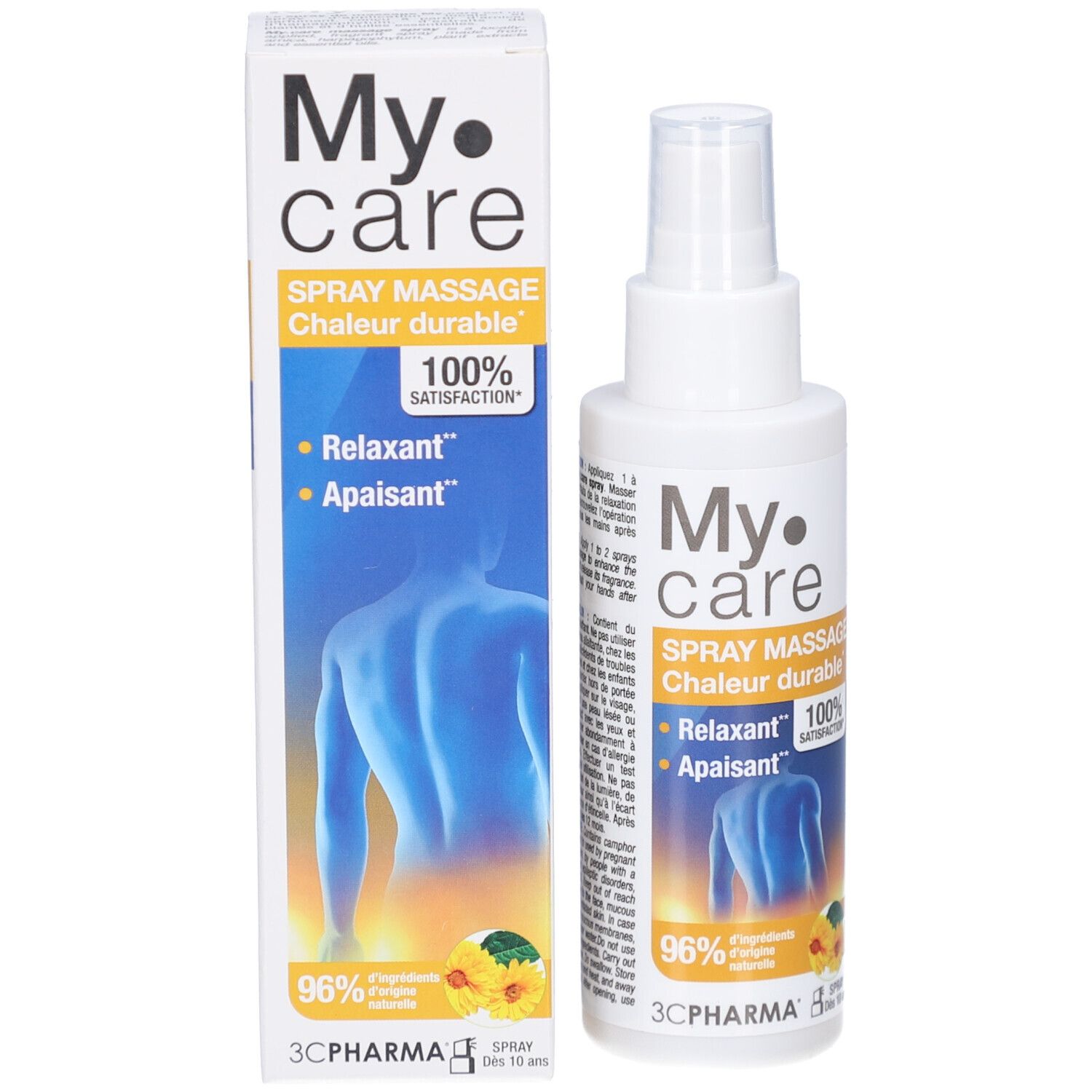 Spray Myo calm et emballage. Contractions musculaires. Soulage et relaxe. Contient 4 extraits de plantes et 3 huiles essentielles.