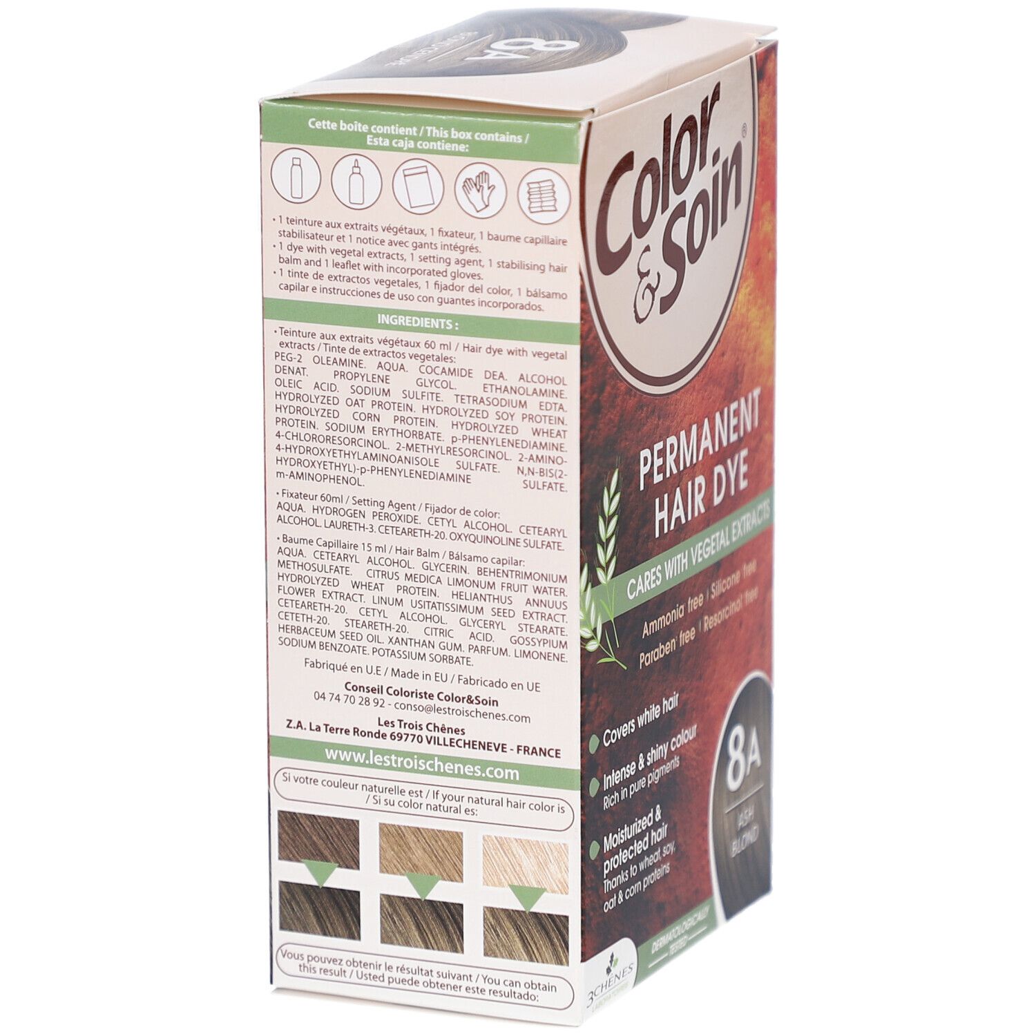 Dos de la boîte de coloration. Contient les ingrédients. Marque : Color & Soin. 8A Ash Blond. Extraits végétaux.