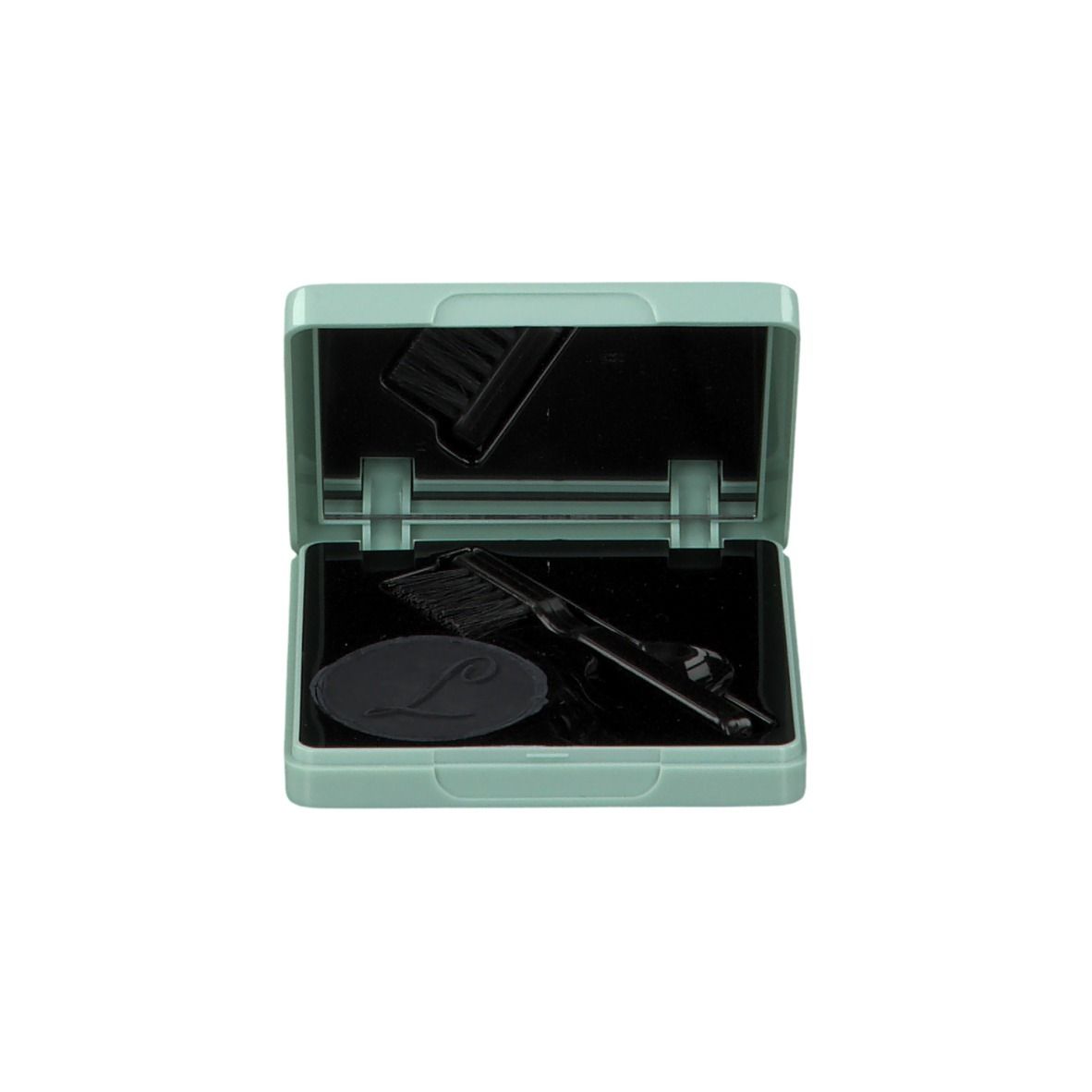 Lichtgroene mascaradoos met spiegel, borstel en applicator. Zwart mascara-pad met logo.