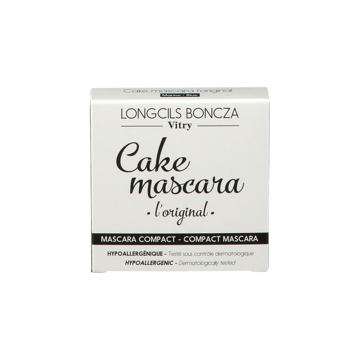 Witte mascaraverpakking met logo en productnaam. Tekst: Mascara Compact.