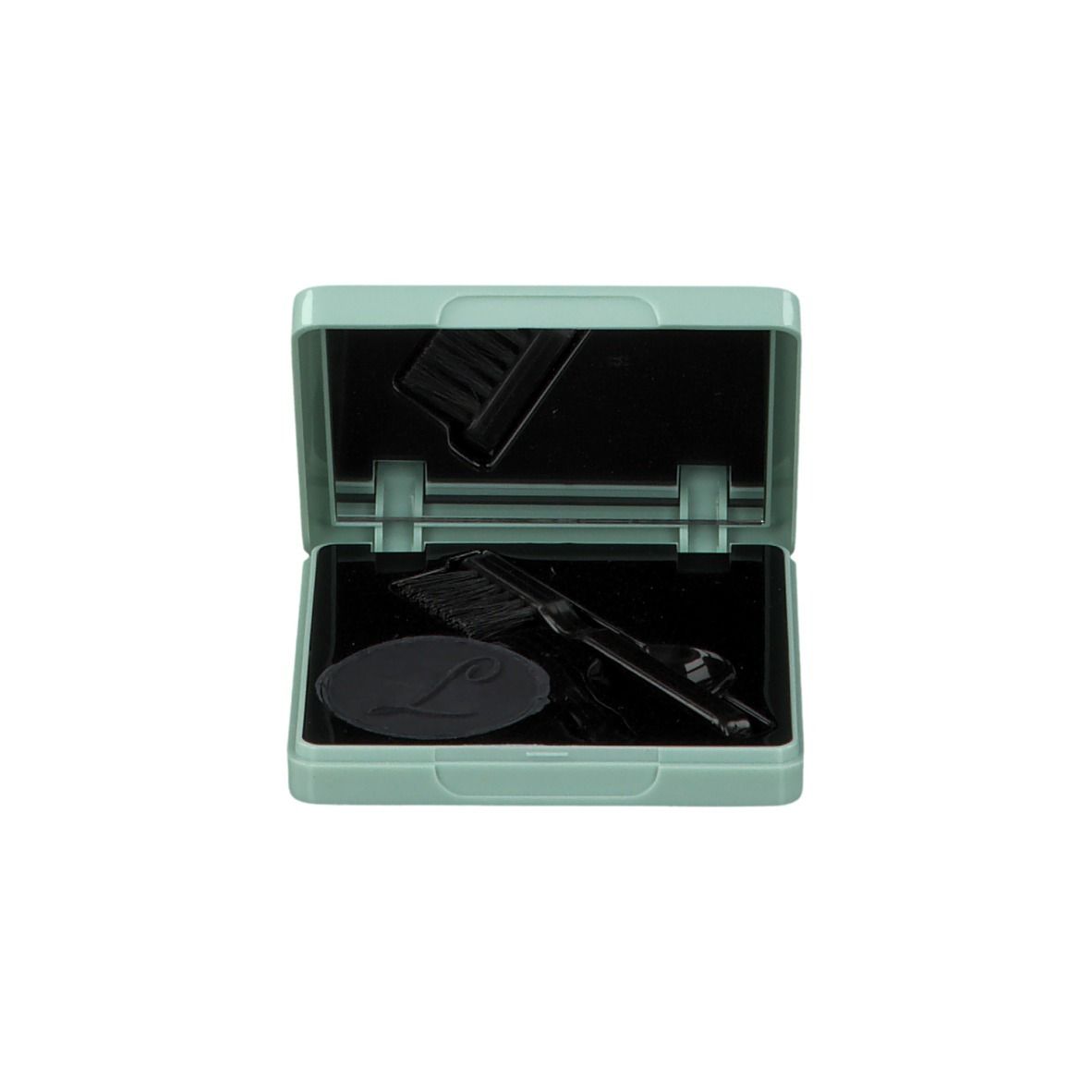 Lichtgroene mascaradoos met spiegel, borstel en applicator. Zwart mascara-pad met logo.