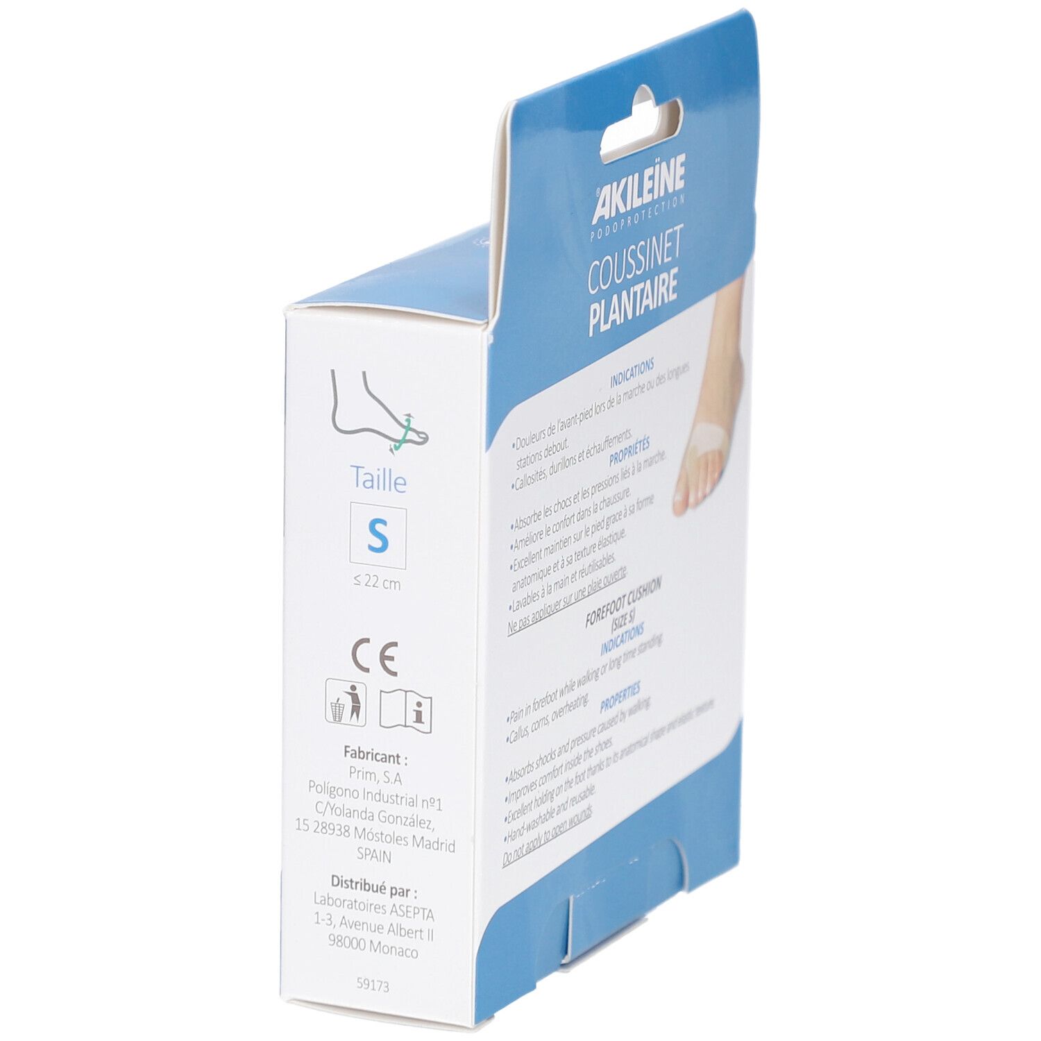 Zijaanzicht van de Akildia® Coussinet plantaire intégral verpakking. Maat S, CE-markering en fabrikantinfo.