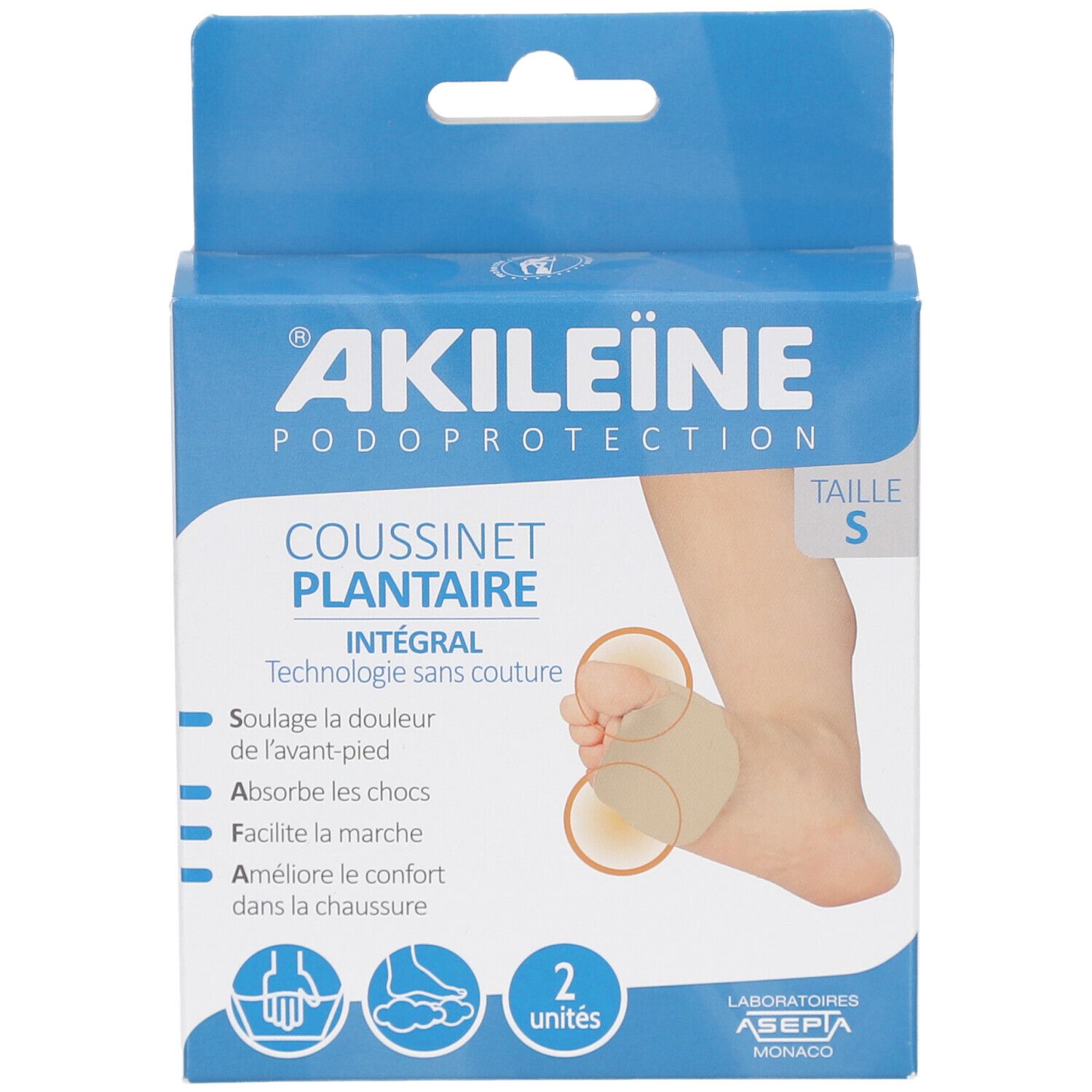 Verpakking Akildia® Coussinet plantaire intégral. Voetmodel met kussentje. Maat S, 2 stuks.