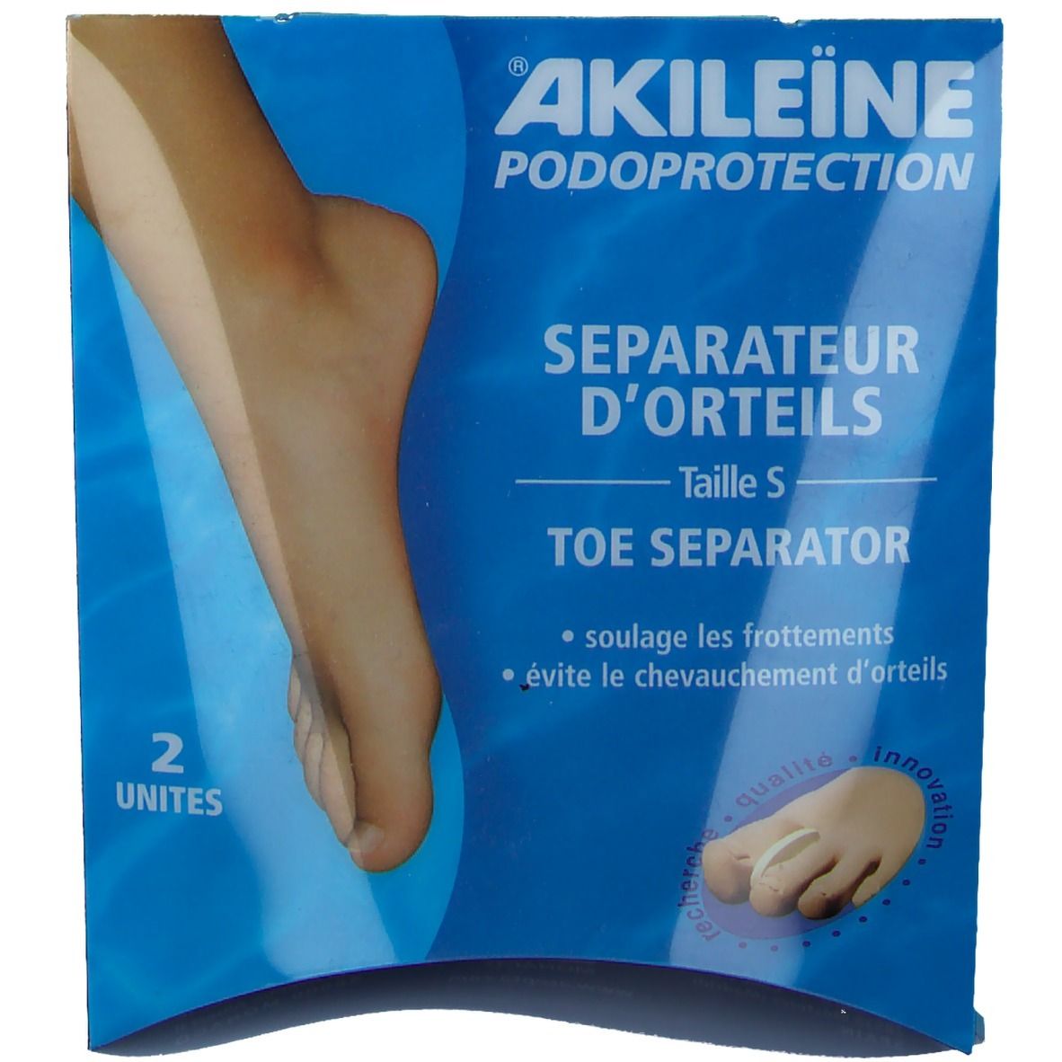 Verpakking met teenspreiders. Blauwe doos met productnaam en voetillustratie. Bevat twee spreaders, maat S.