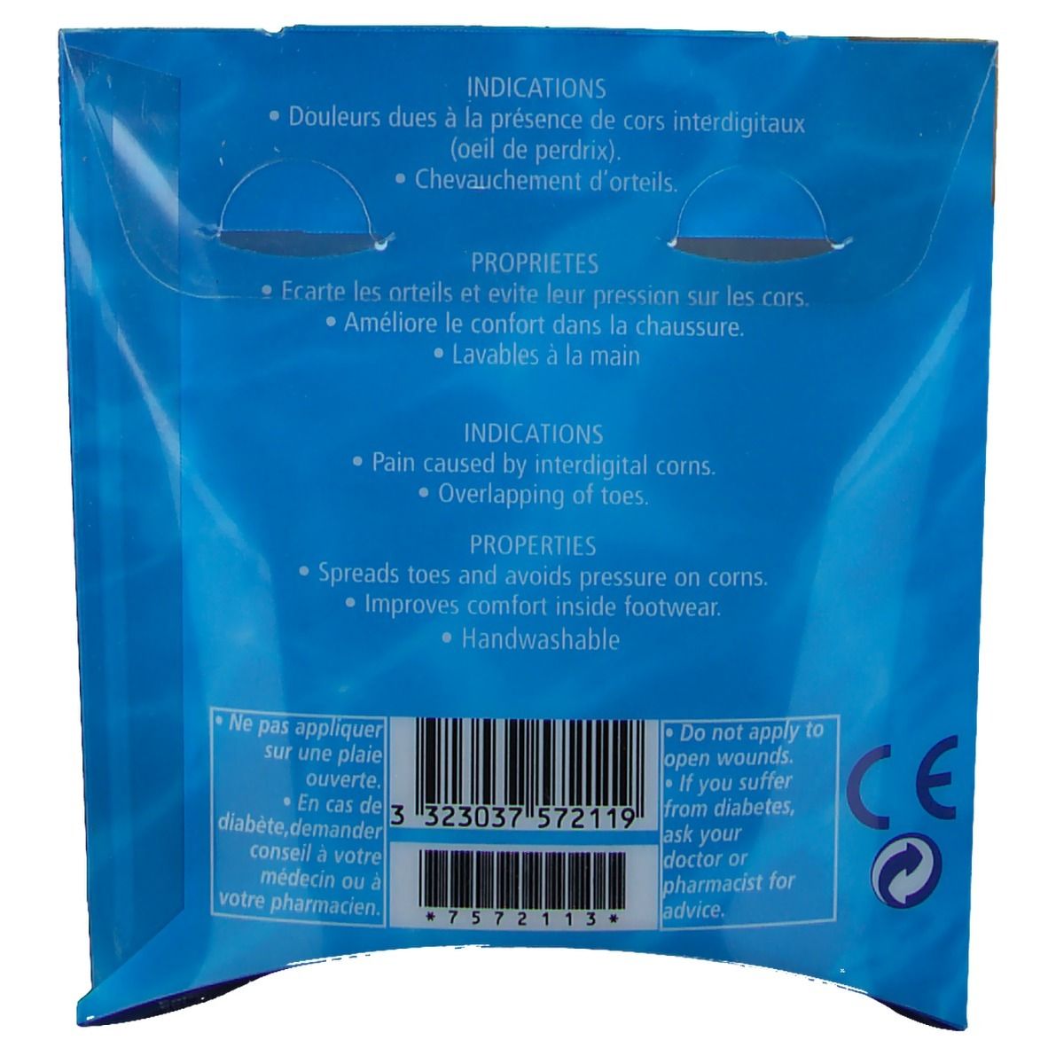 Zijaanzicht van de verpakking. Blauwe doos met productnaam en voetillustratie. Bevat twee teenspreiders, maat S.