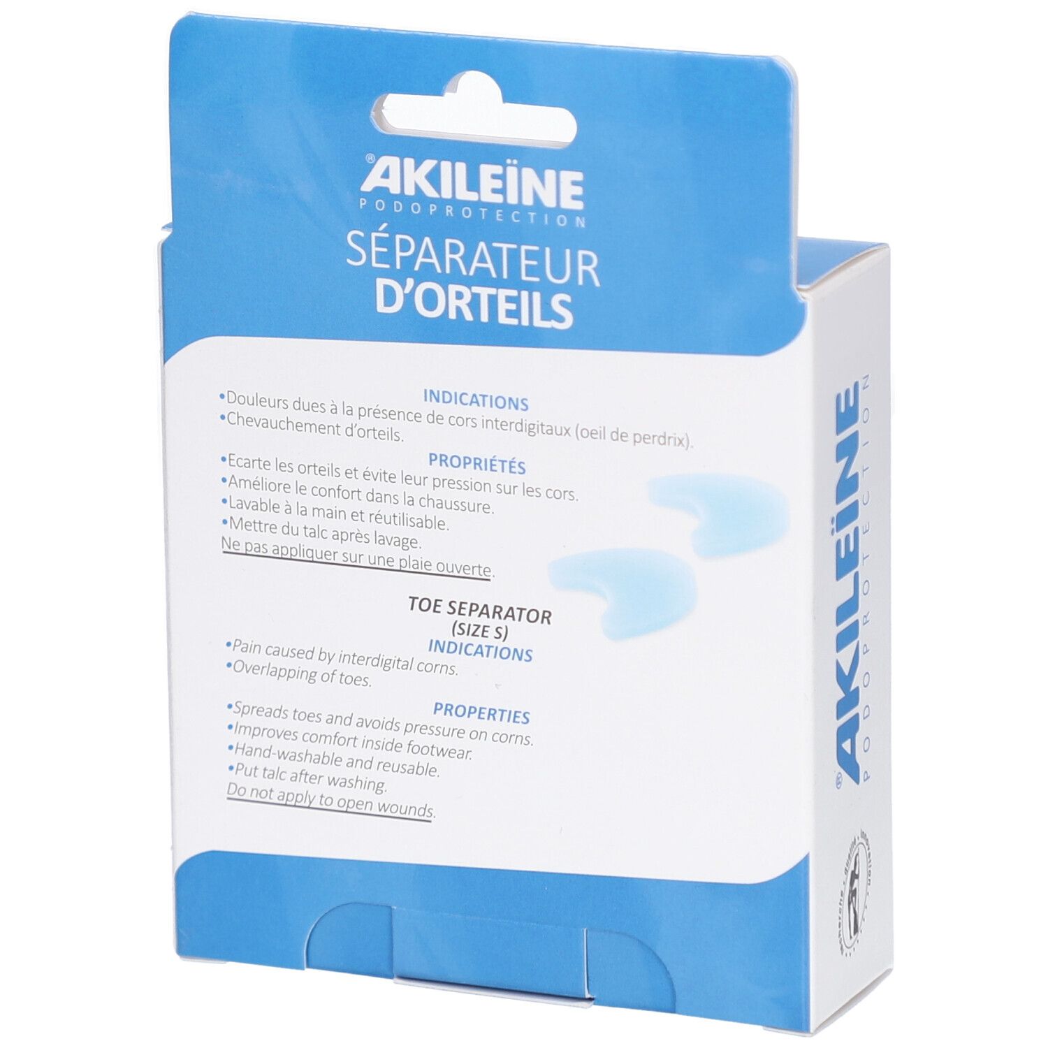 Achterkant van de verpakking. Blauwe doos met productinformatie en twee teenspreiders. Maat S.