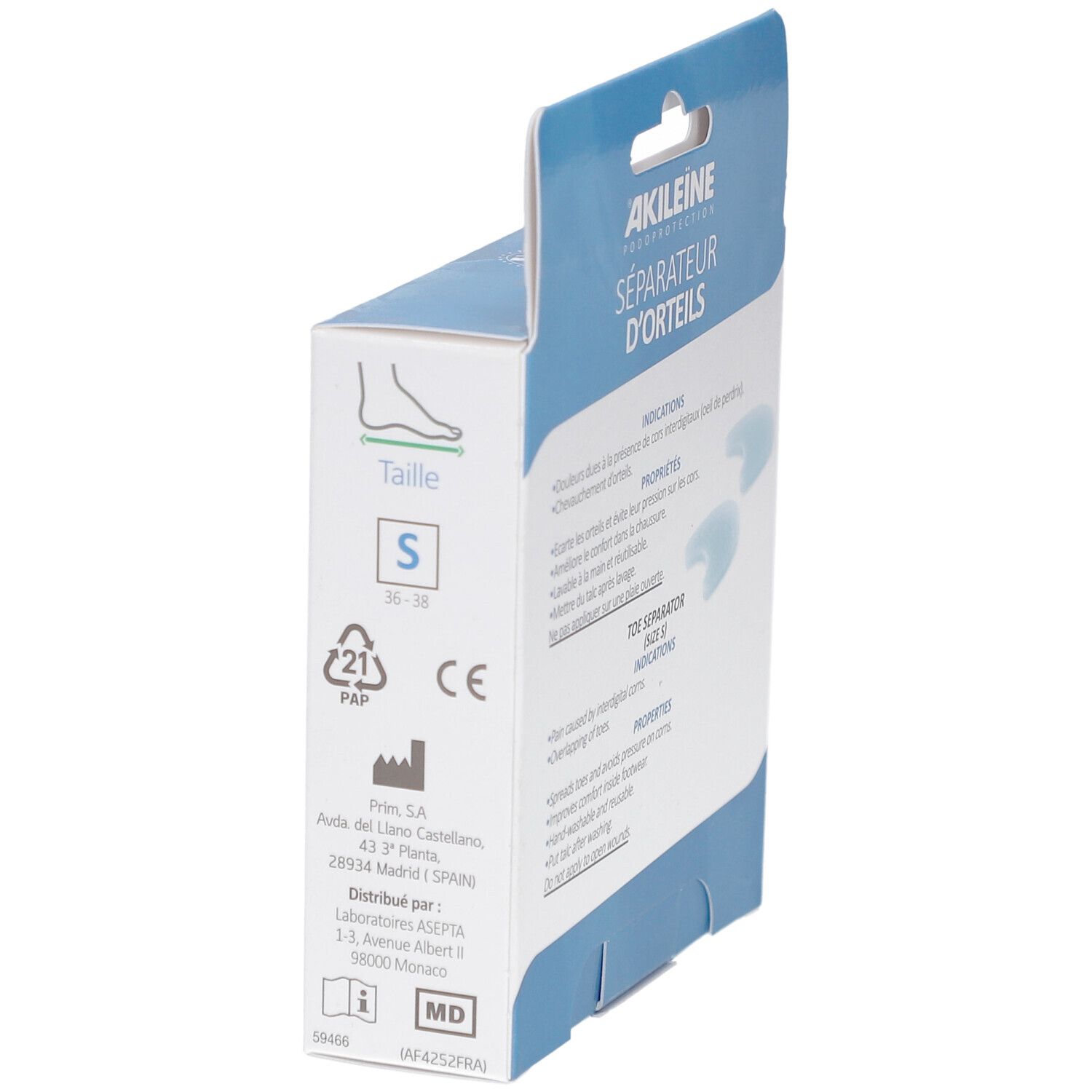 Zijaanzicht van de verpakking. Blauwe doos met productinformatie en twee teenspreiders. Maat S.